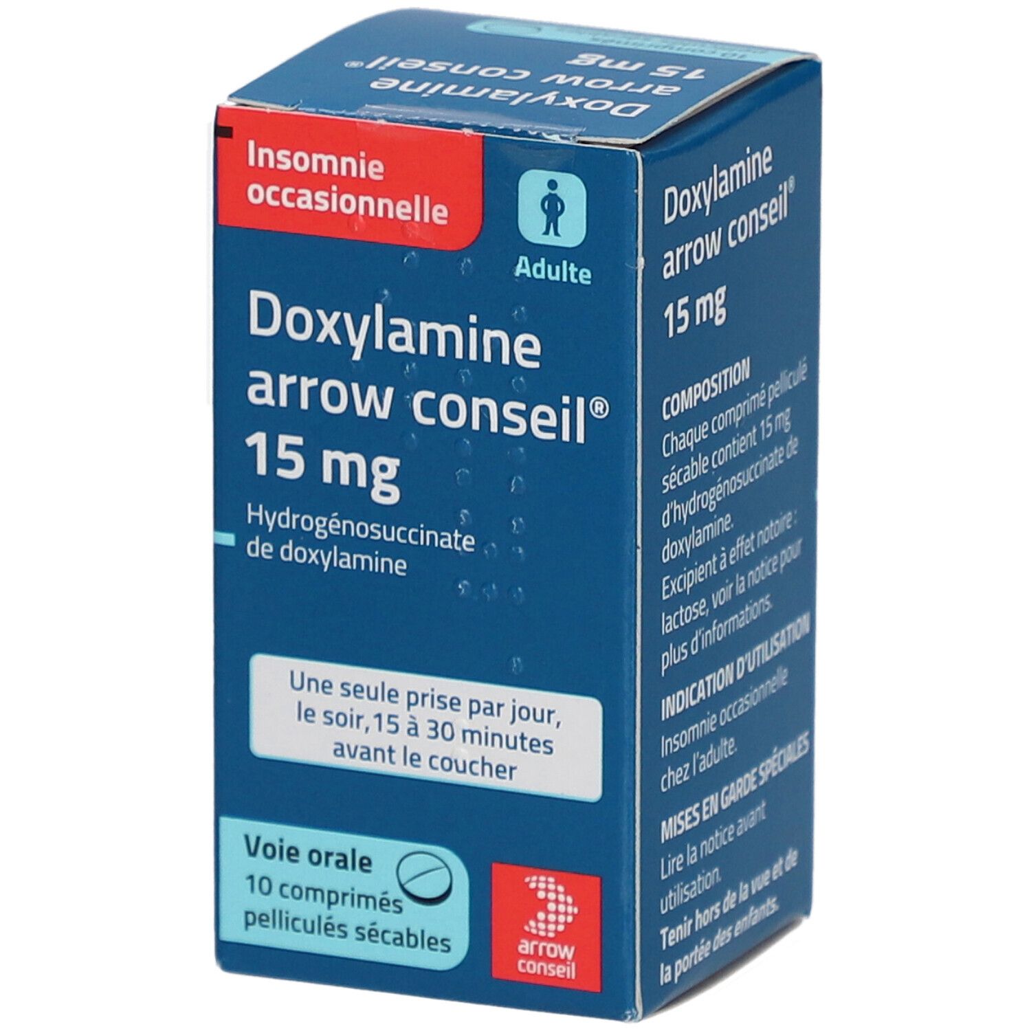 Boîte bleue et blanche "Doxylamine arrow conseil® 15 mg". Inscription : "Insomnie occasionnelle", "10 comprimés pelliculés sécables".