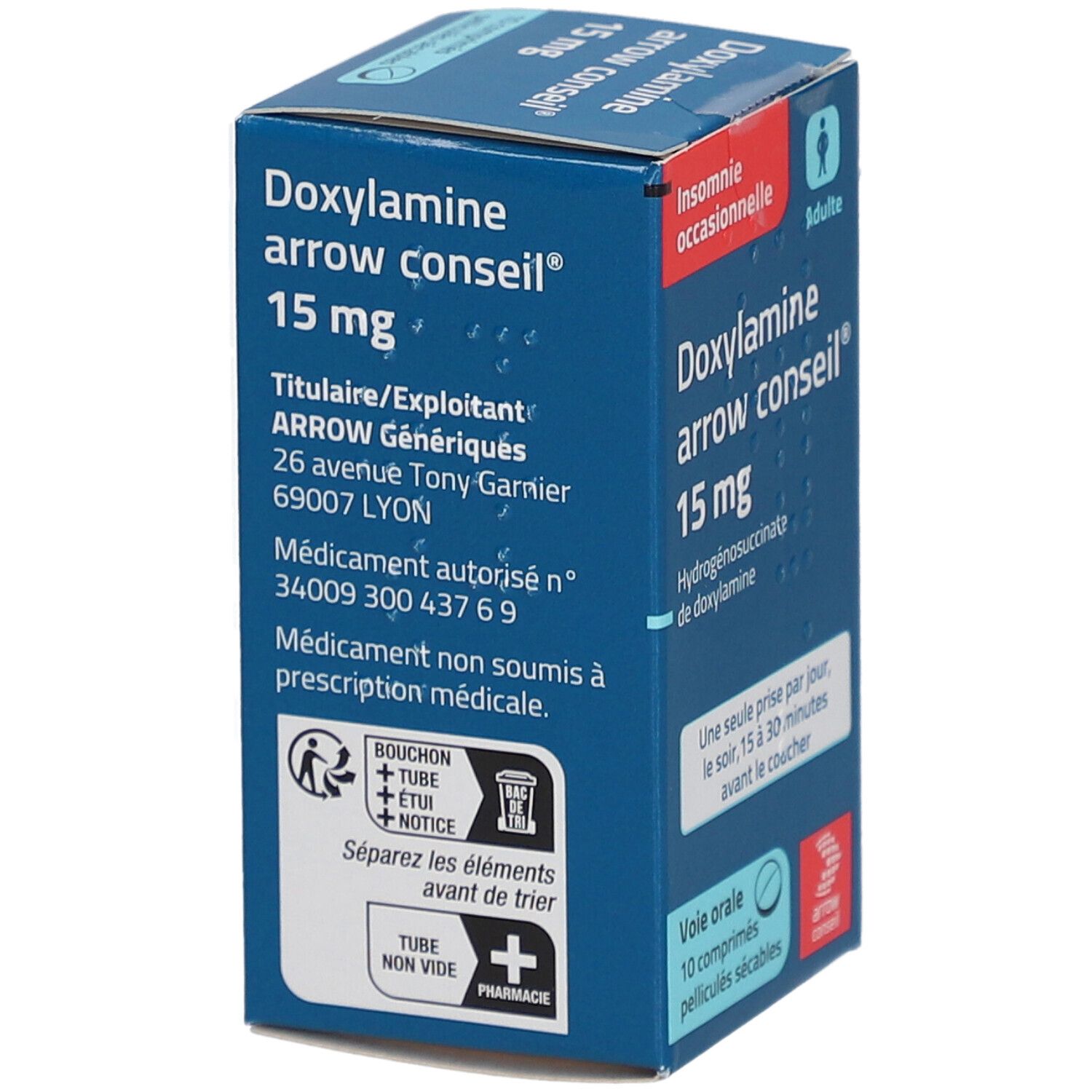 Boîte bleue "Doxylamine arrow conseil® 15 mg". Inscription : "Insomnie occasionnelle", "10 comprimés pelliculés sécables".