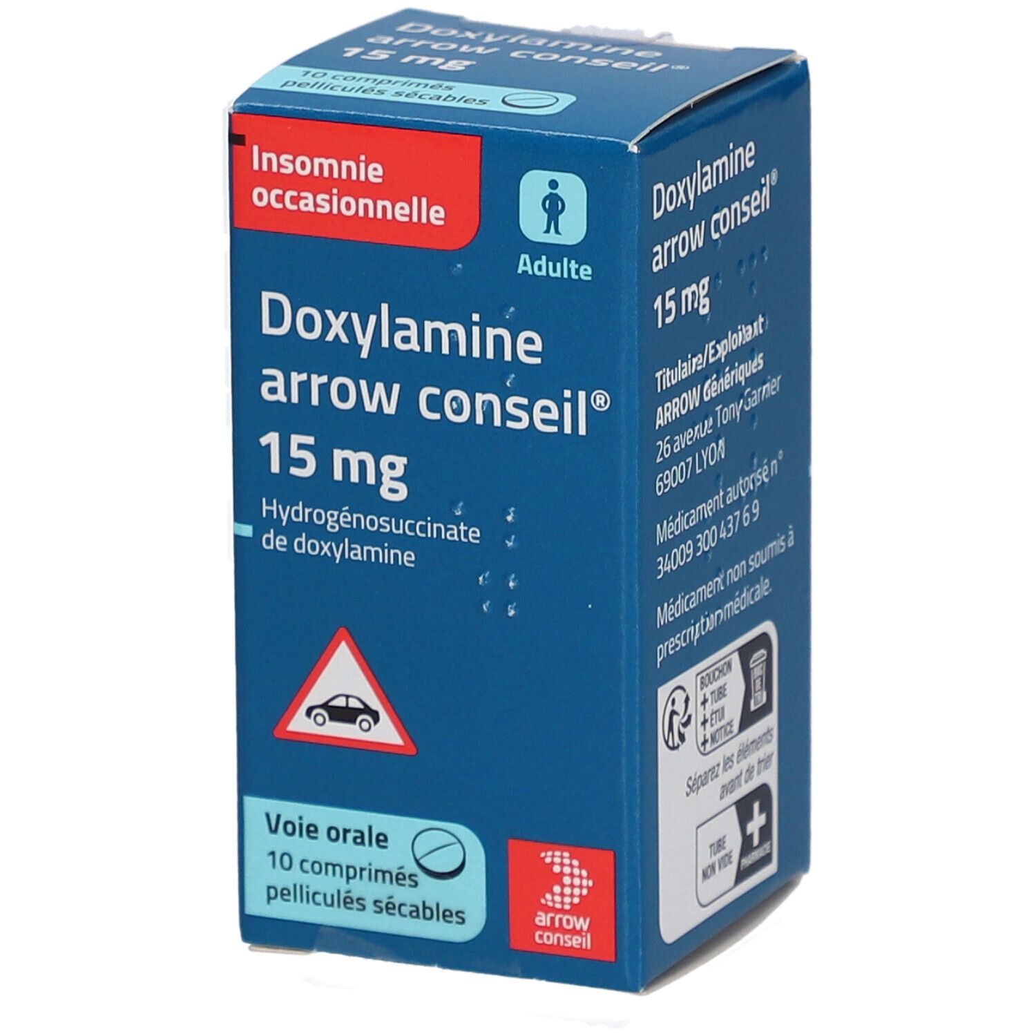 Boîte bleue "Doxylamine arrow conseil® 15 mg". Inscription : "Insomnie occasionnelle", "10 comprimés pelliculés sécables".