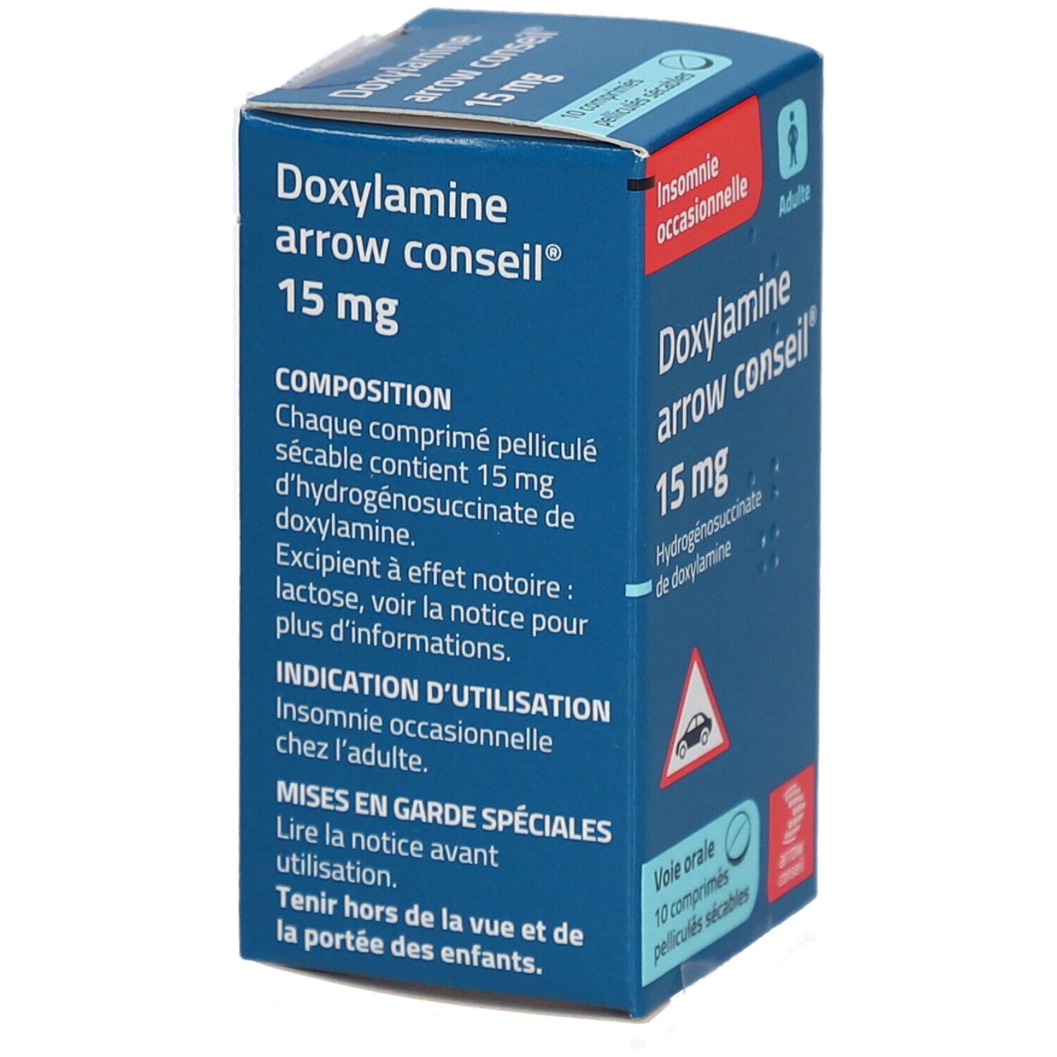 Boîte bleue "Doxylamine arrow conseil® 15 mg". Inscription : "Insomnie occasionnelle", "10 comprimés pelliculés sécables".