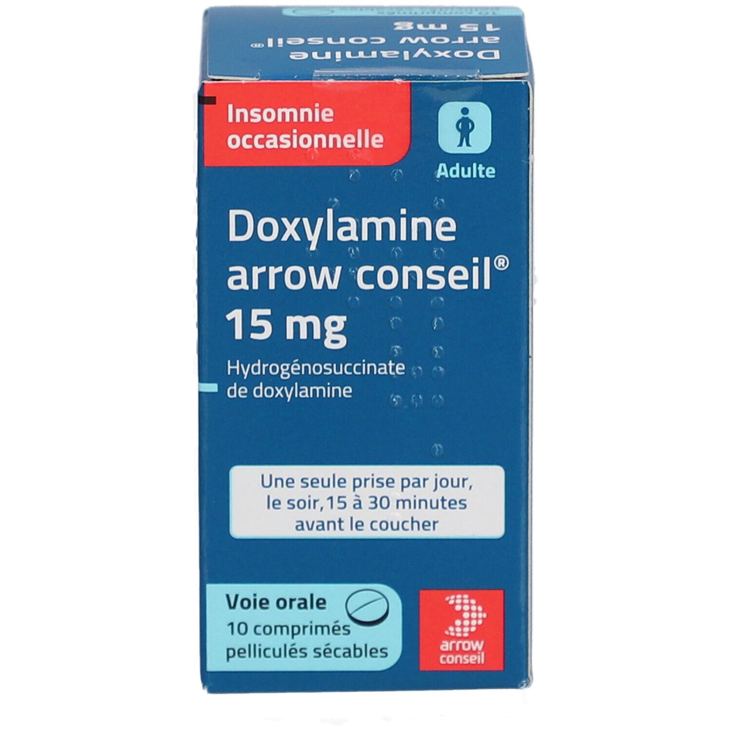 Boîte bleue "Doxylamine arrow conseil® 15 mg". Inscription : "Insomnie occasionnelle", "10 comprimés pelliculés sécables".