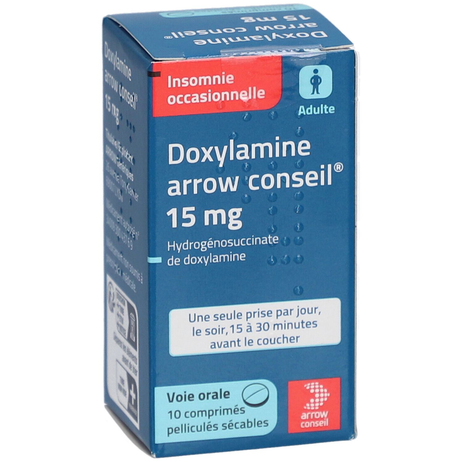 Boîte bleue "Doxylamine arrow conseil® 15 mg". Inscription : "Insomnie occasionnelle", "10 comprimés pelliculés sécables".