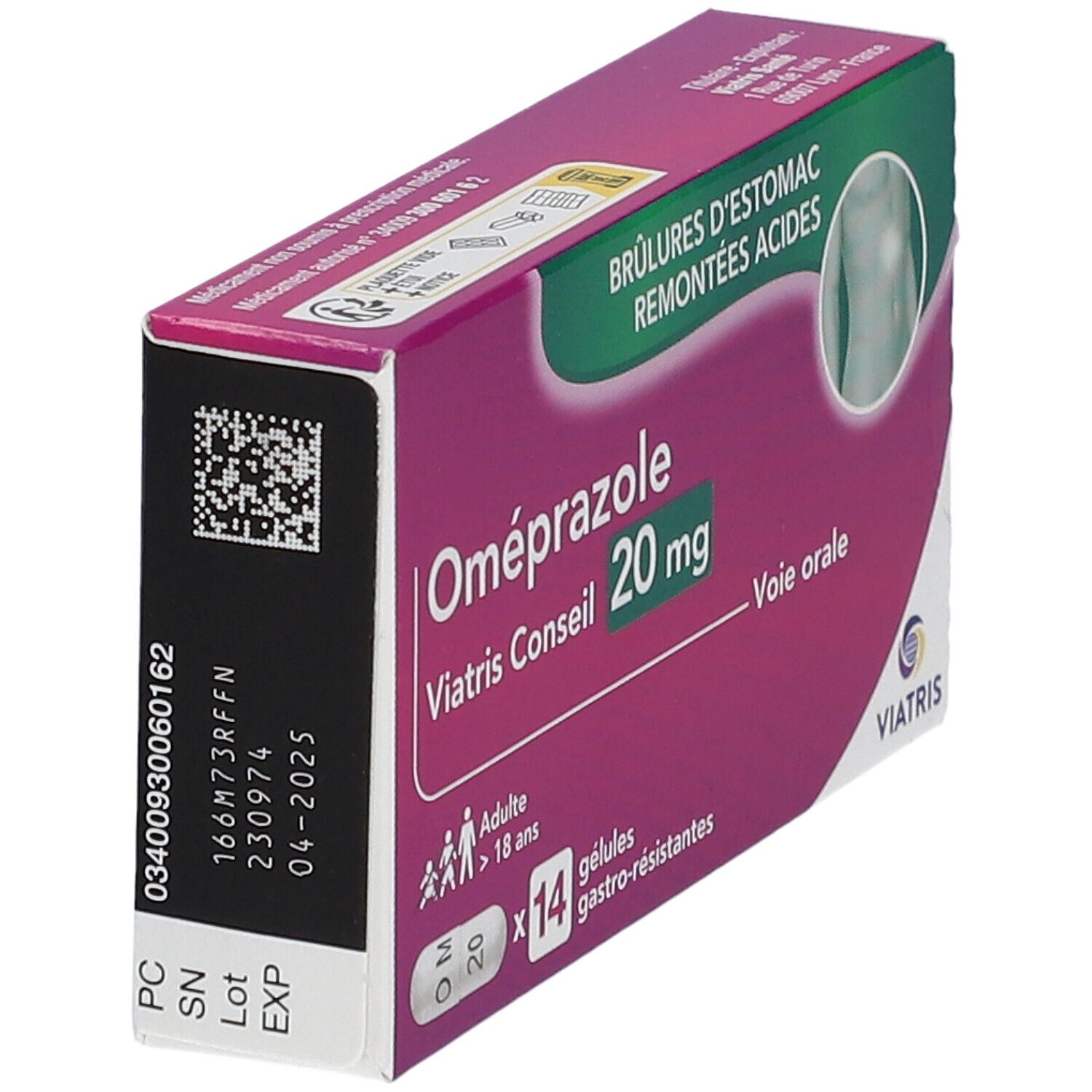 Boîte Oméprazole Mylan Conseil 20 mg. Emballage violet et blanc avec nom du produit, code-barres et logo.