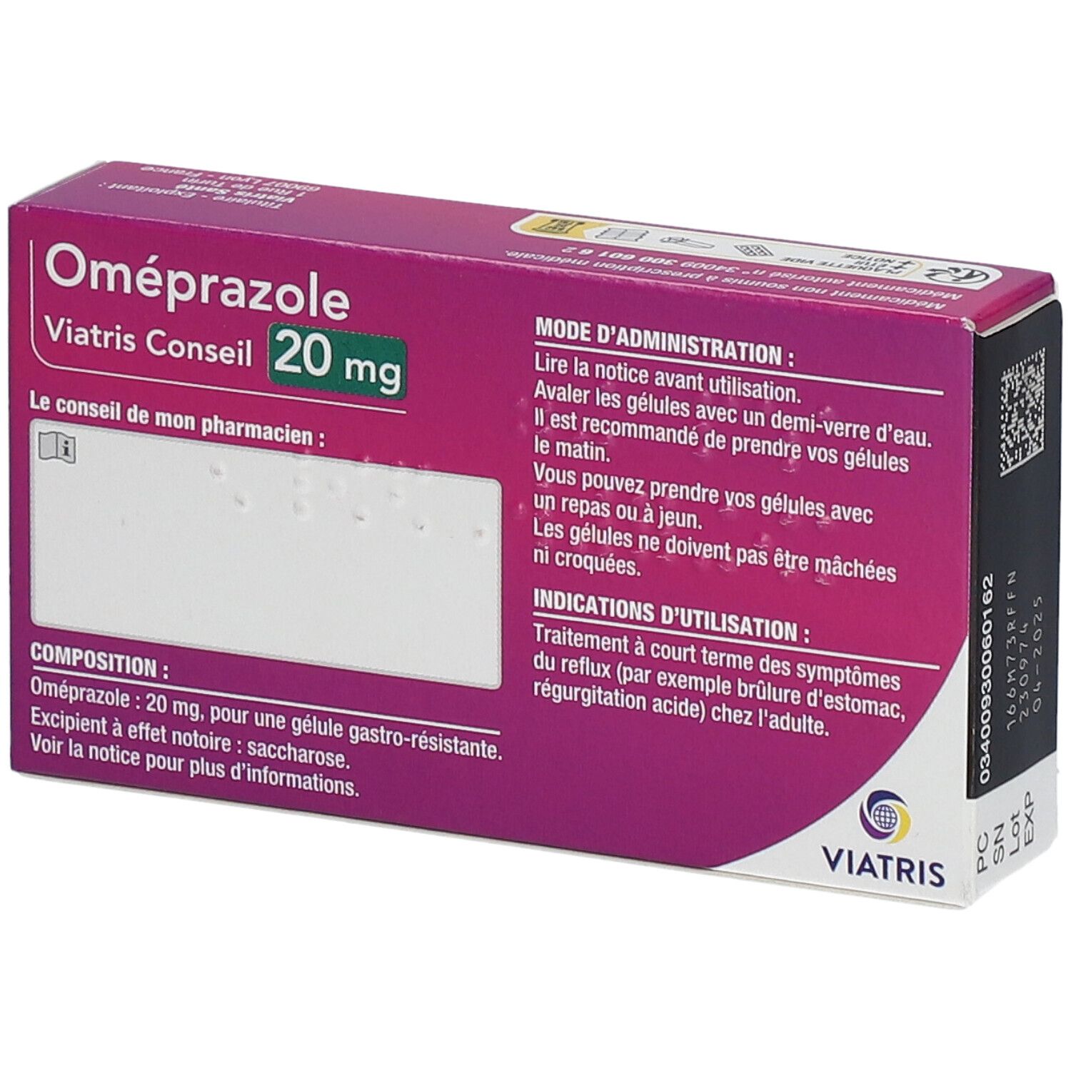 Dos de la boîte Oméprazole Mylan Conseil 20 mg. Texte avec instructions et composition. Logo.