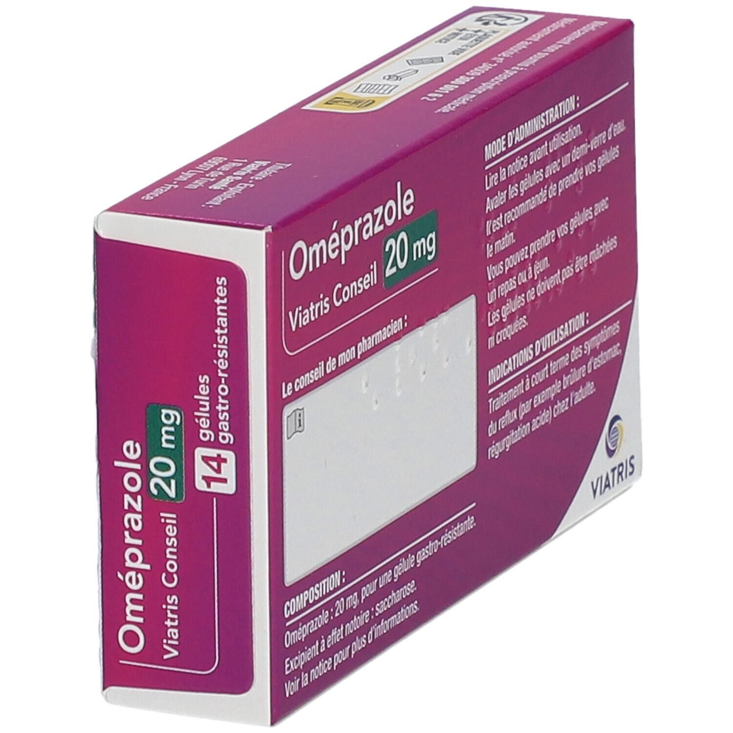 Dos de la boîte Oméprazole Mylan Conseil 20 mg. Texte avec instructions et composition. Logo.
