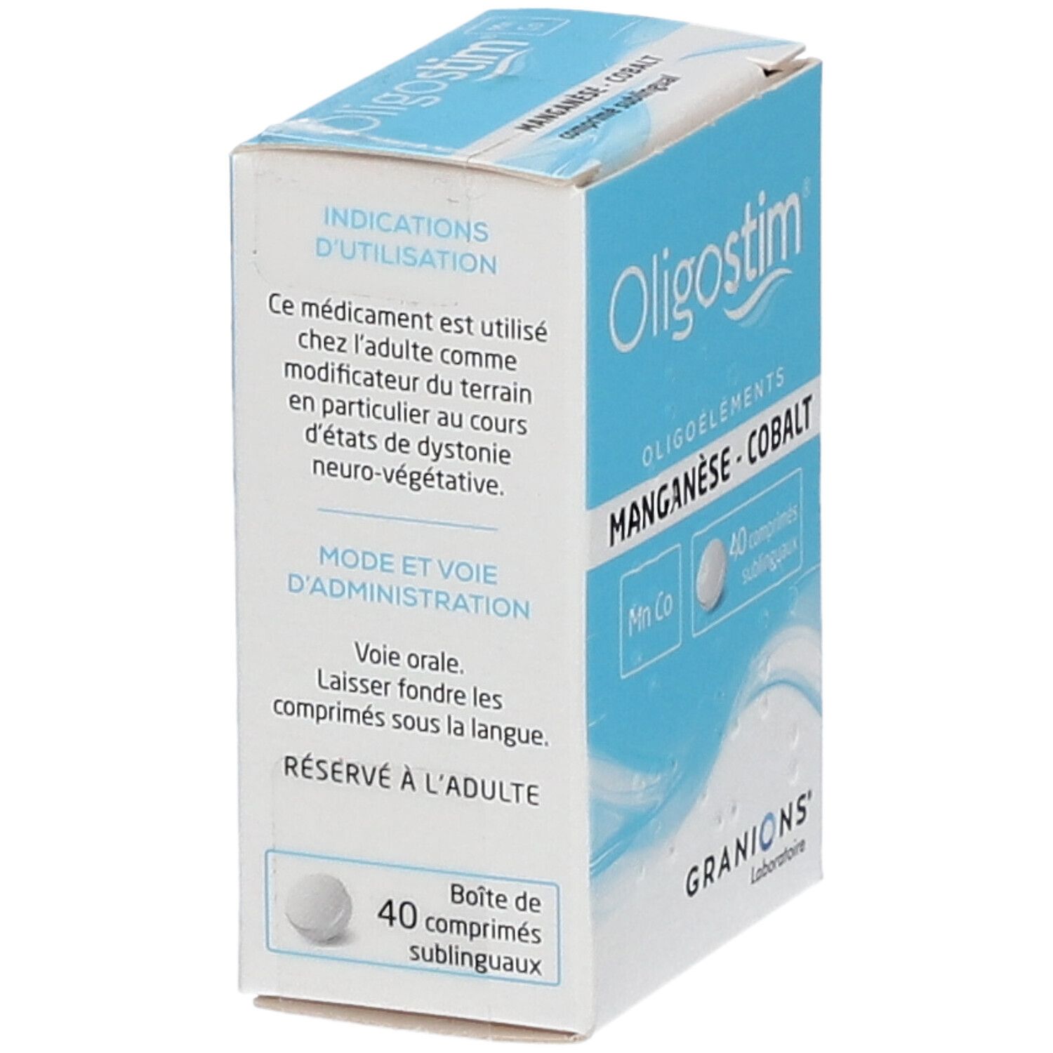 Boîte Oligostim Manganèse-Cobalt, 40 comprimés sublinguaux. Texte sur l'utilisation et la posologie.