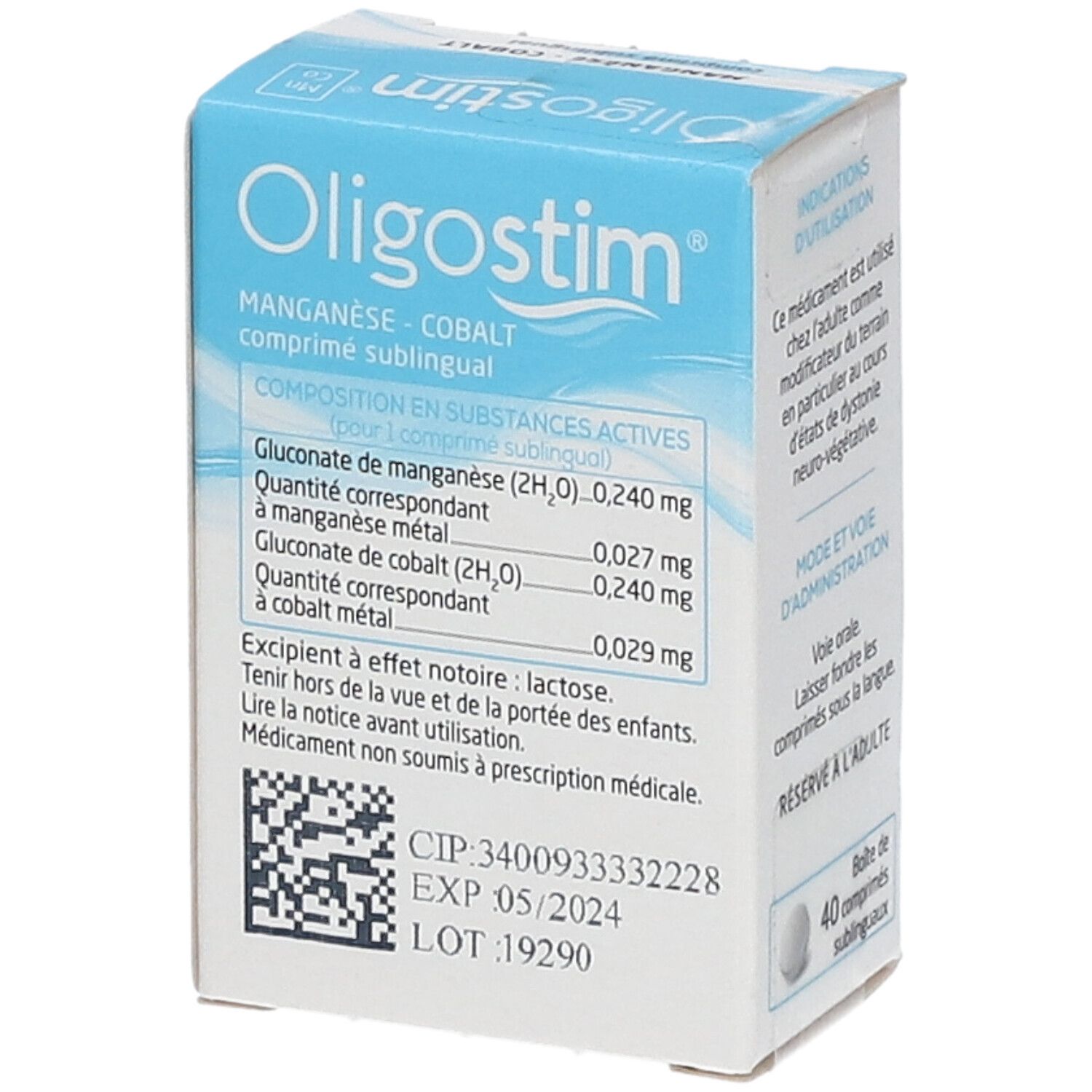 Boîte Oligostim Manganèse-Cobalt, 40 comprimés sublinguaux. Ingrédients, numéro de lot, date d'expiration.