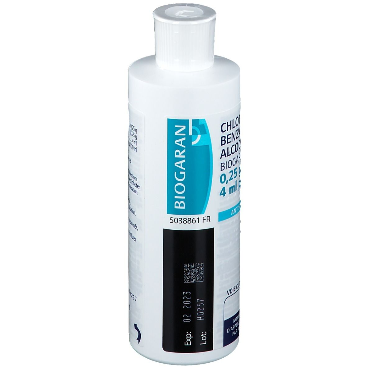 Flacon blanc avec bouchon. Inscription: BIOGARAN®. Étiquette avec code QR et date de péremption.