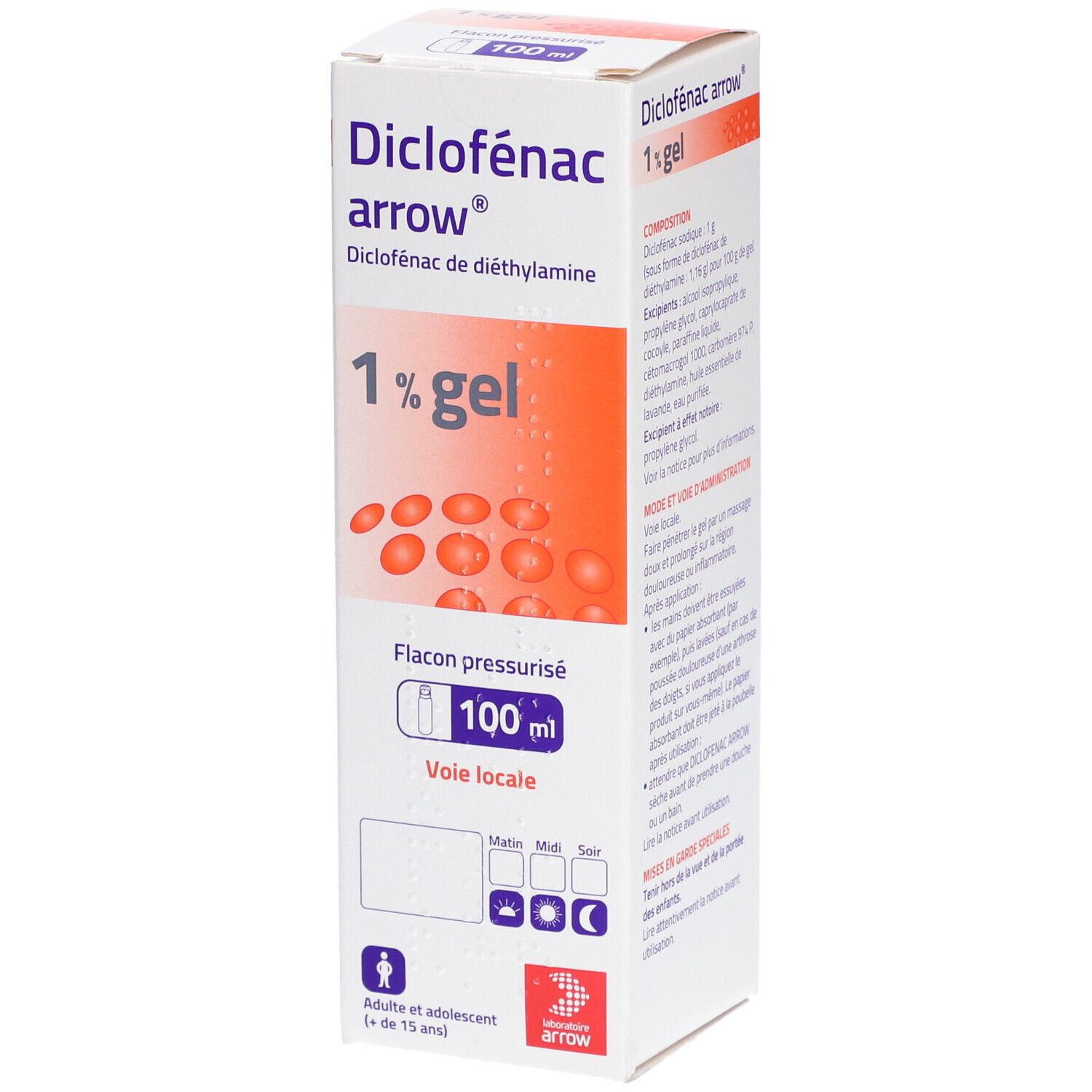 Boîte de Diclofenac Arrow 1% gel. Inscriptions: 1% gel, flacon pressurisé, 100 ml, voie locale. Logo Arrow.