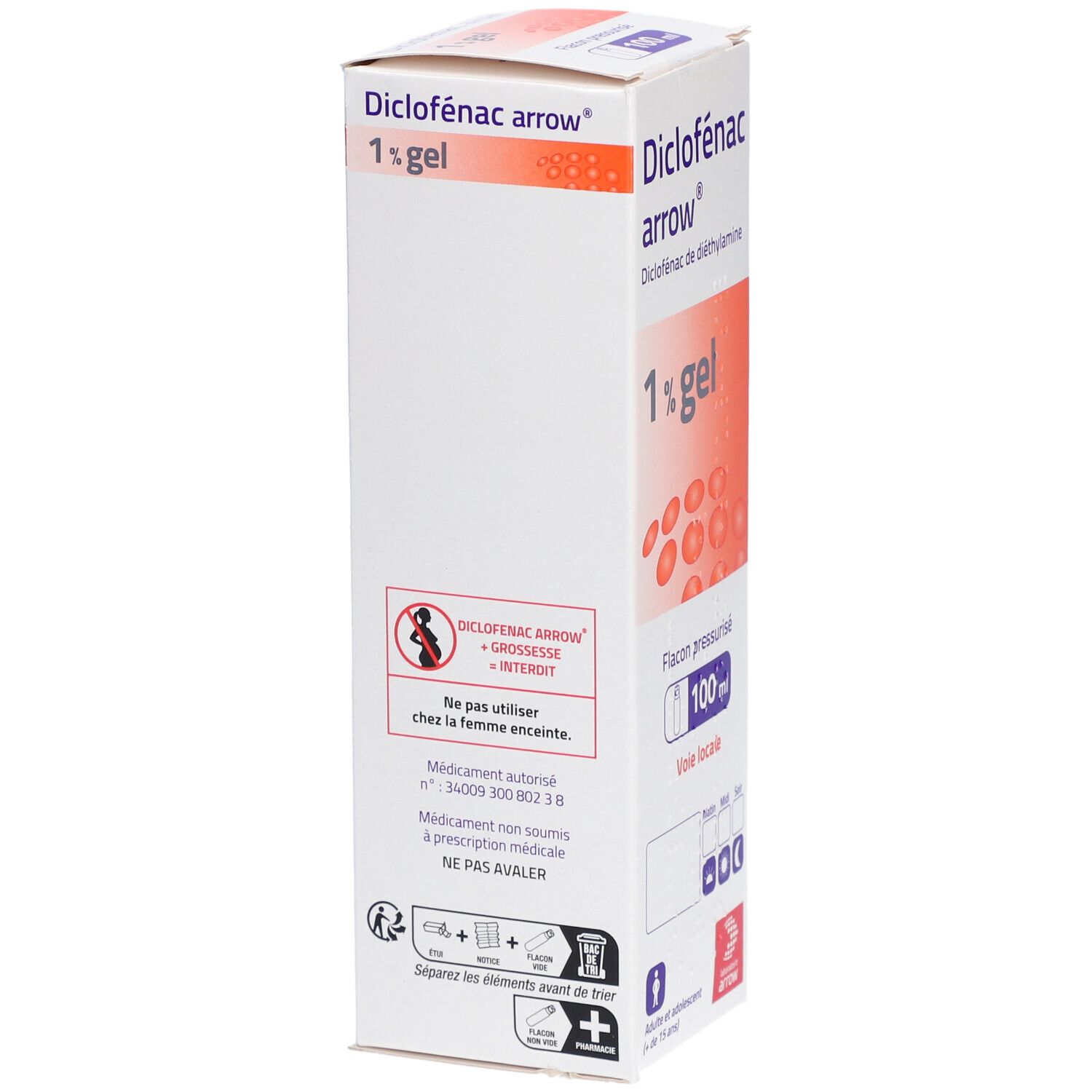 Boîte de Diclofenac Arrow 1% gel. Inscriptions: 1% gel, flacon pressurisé, 100 ml, voie locale. Avertissement pour femmes enceintes.