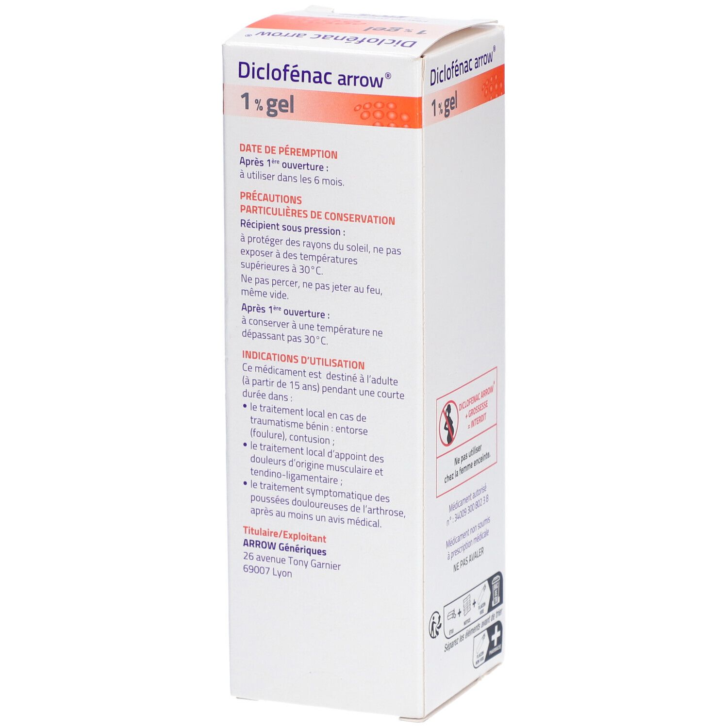 Dos de la boîte de Diclofenac Arrow 1% gel. Texte: Date de péremption, précautions, mode d'emploi, fabricant.