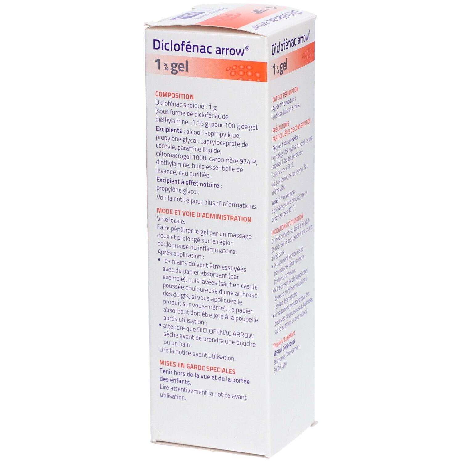 Côté de la boîte de Diclofenac Arrow 1% gel. Texte: Composition, mode d'emploi, précautions.