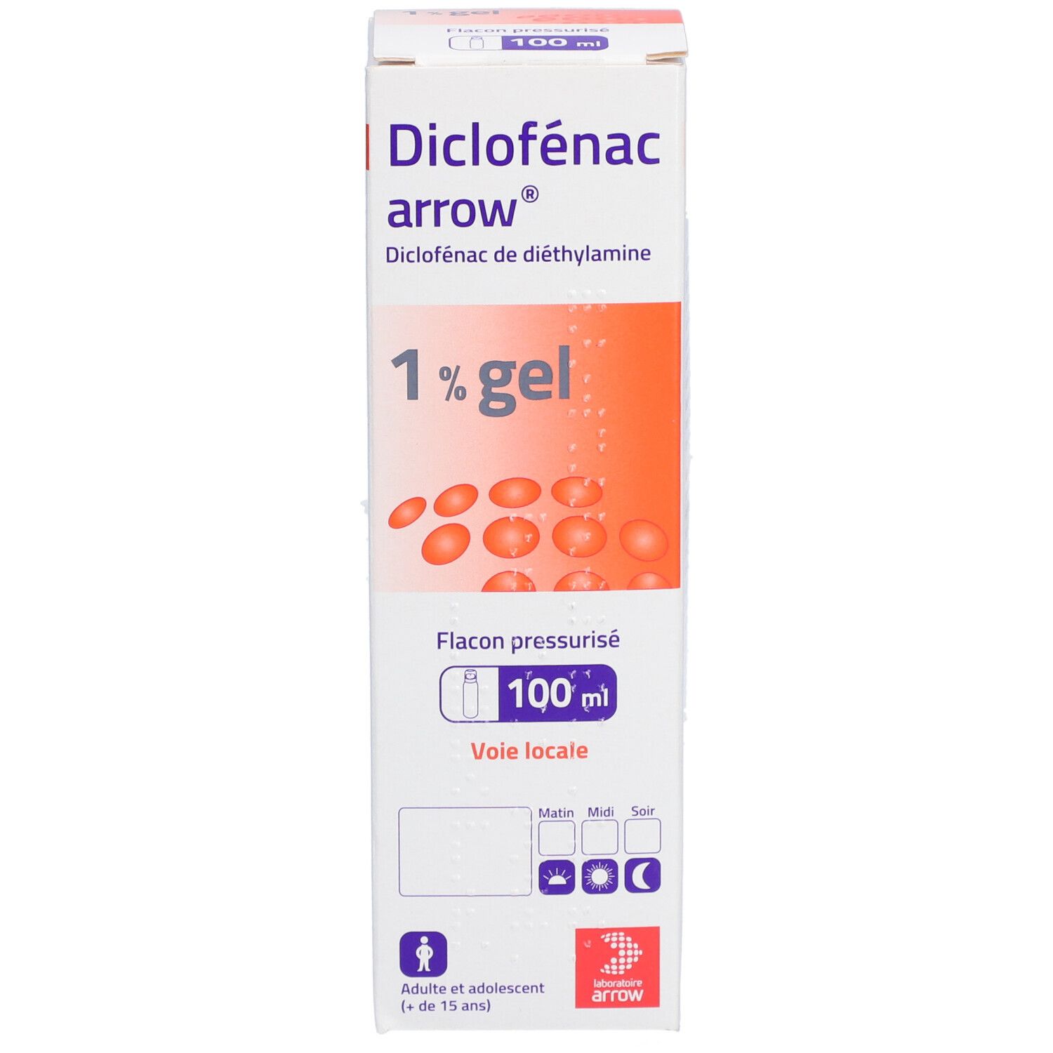 Boîte de Diclofenac Arrow 1% gel. Inscriptions: 1% gel, flacon pressurisé, 100 ml, voie locale. Logo Arrow.