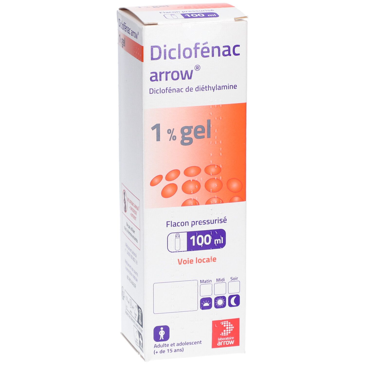 Boîte de Diclofenac Arrow 1% gel. Inscriptions: 1% gel, flacon pressurisé, 100 ml, voie locale. Logo Arrow.