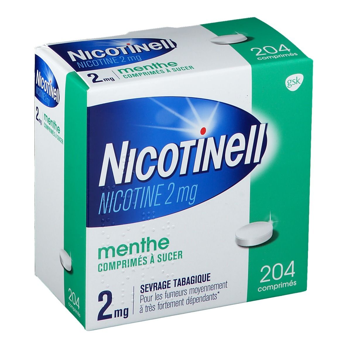 Boîte Nicotinell 2 mg Menthe, 204 comprimés. Comprimés blancs à côté. Emballage vert et blanc.