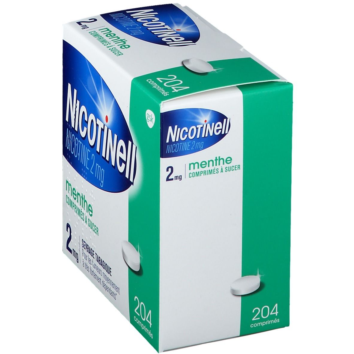 Boîte Nicotinell 2 mg Menthe, 204 comprimés. Comprimés blancs à côté. Emballage vert et blanc.
