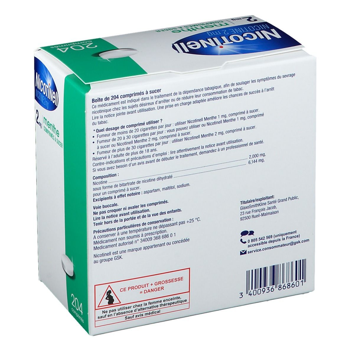 Dos de la boîte Nicotinell 2 mg Menthe, 204 comprimés. Texte et code-barres. Emballage vert et blanc.
