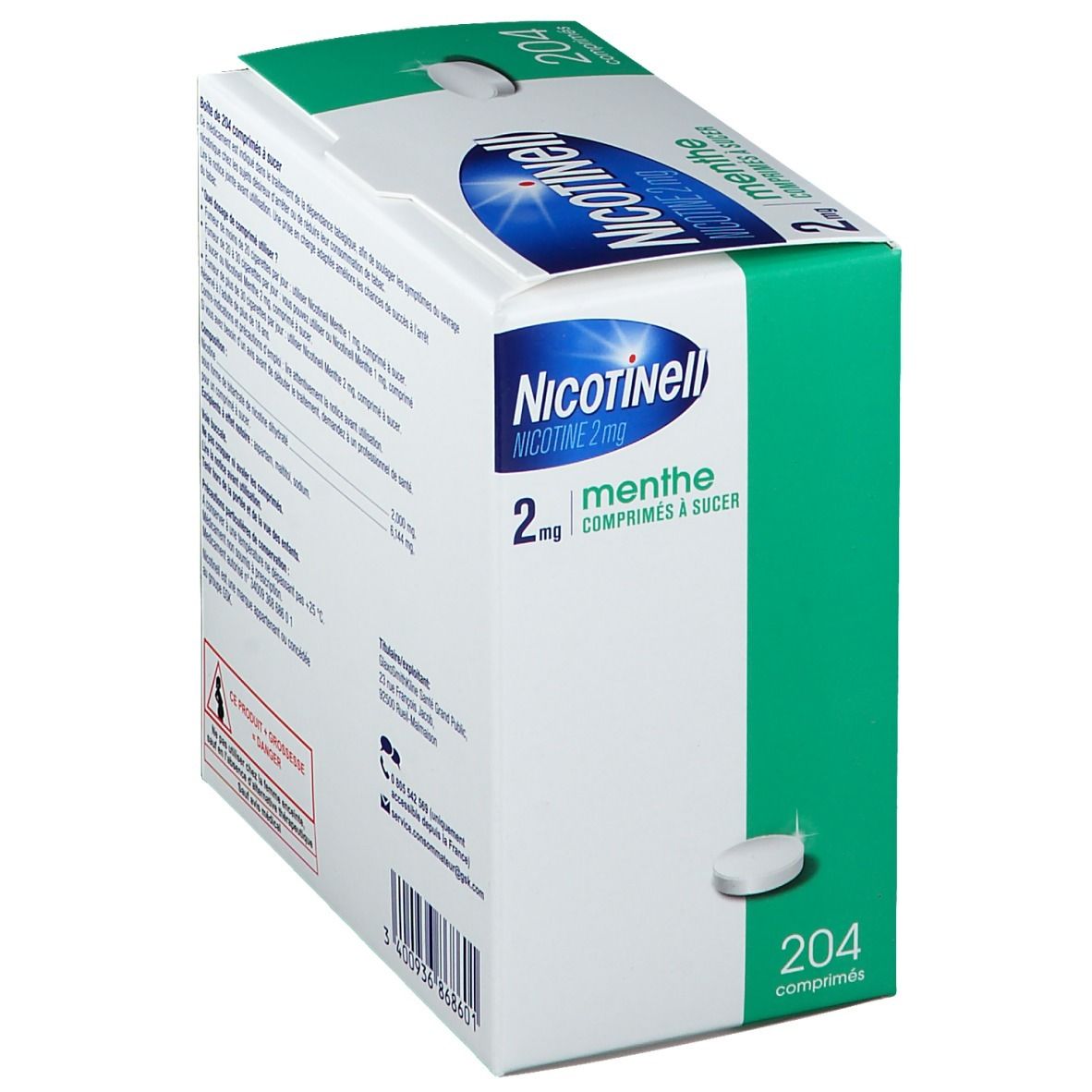 Boîte Nicotinell 2 mg Menthe, 204 comprimés. Comprimé blanc à côté. Emballage vert et blanc.