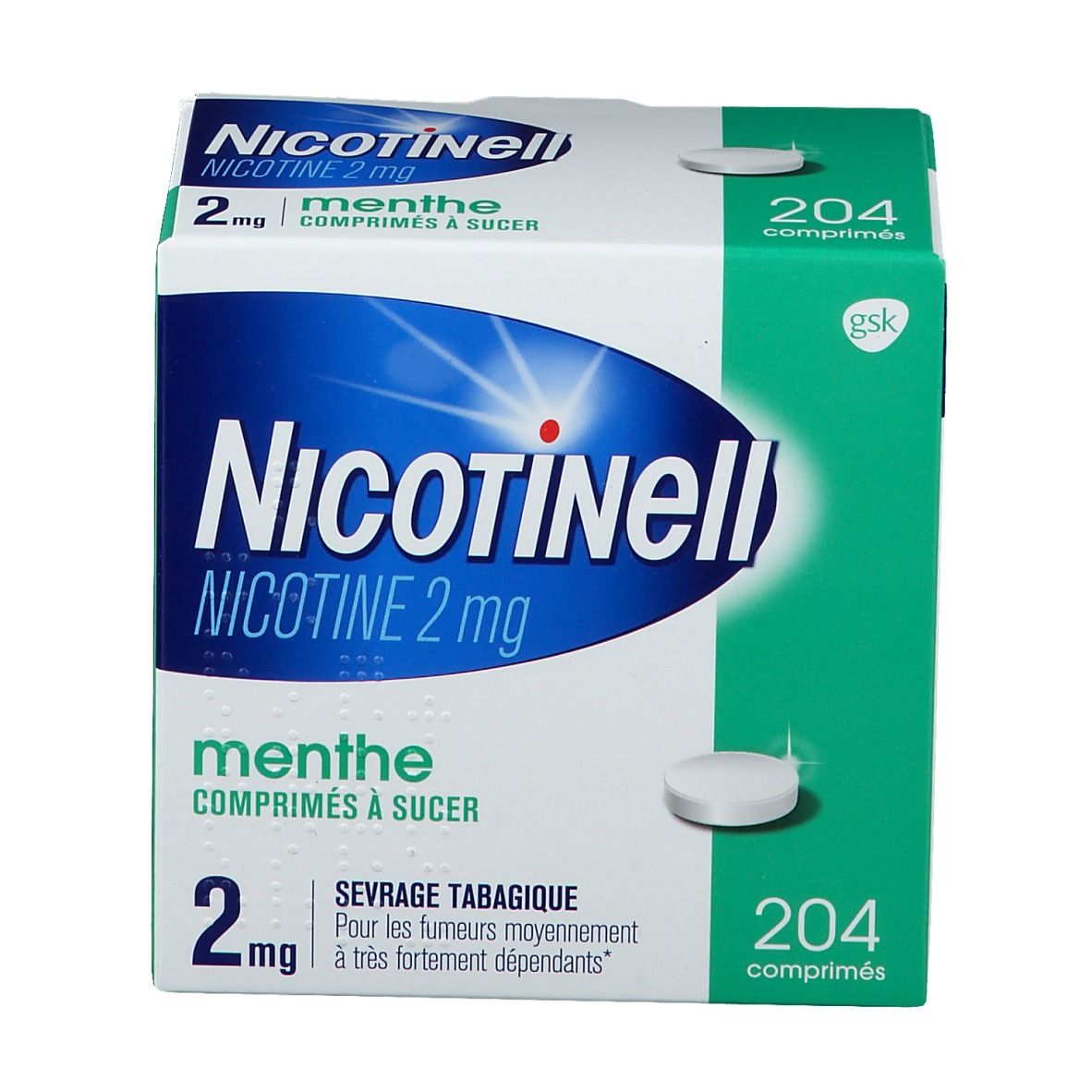 Boîte Nicotinell 2 mg Menthe, 204 comprimés. Comprimé blanc à côté. Emballage vert et blanc.