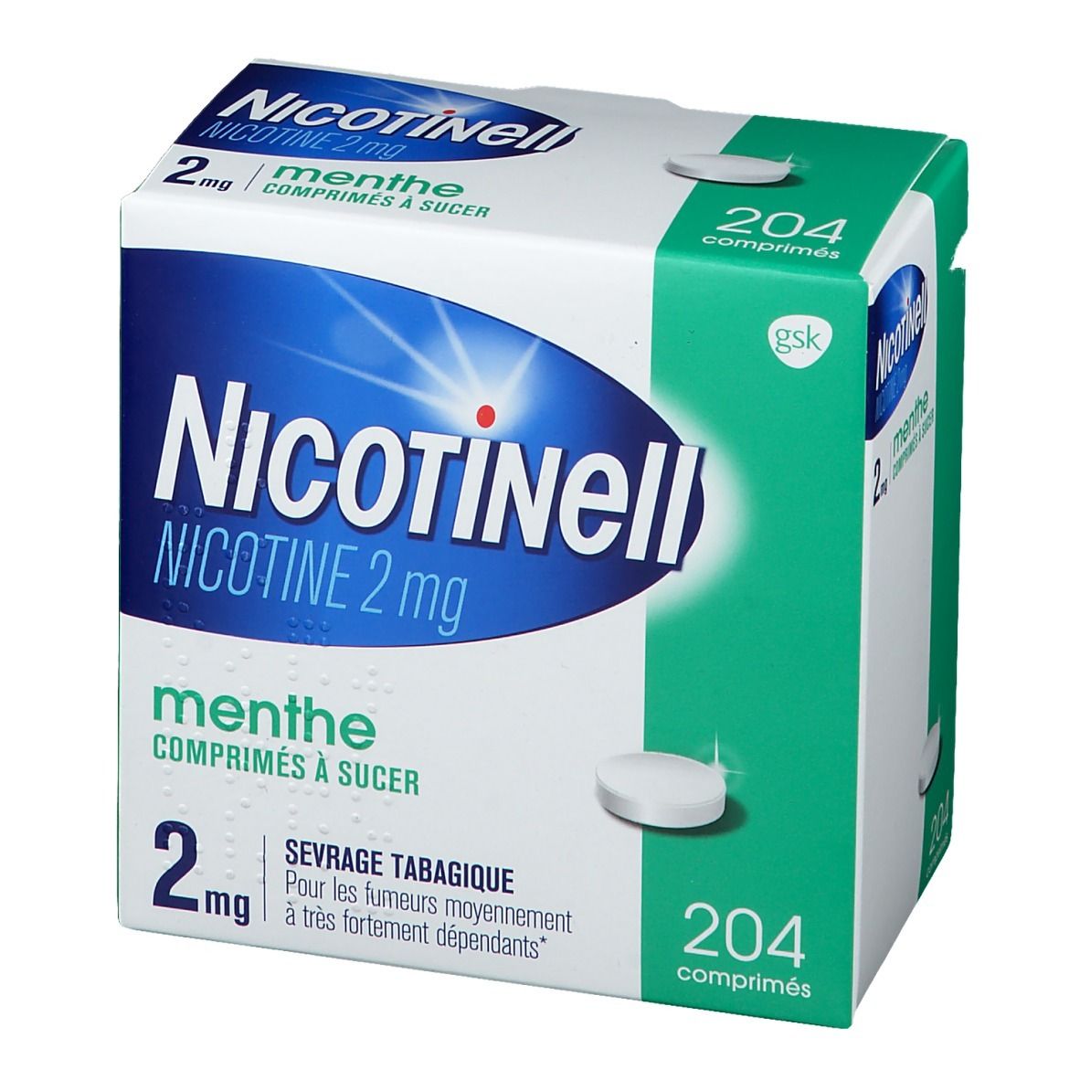 Boîte Nicotinell 2 mg Menthe, 204 comprimés. Comprimé blanc à côté. Emballage vert et blanc.