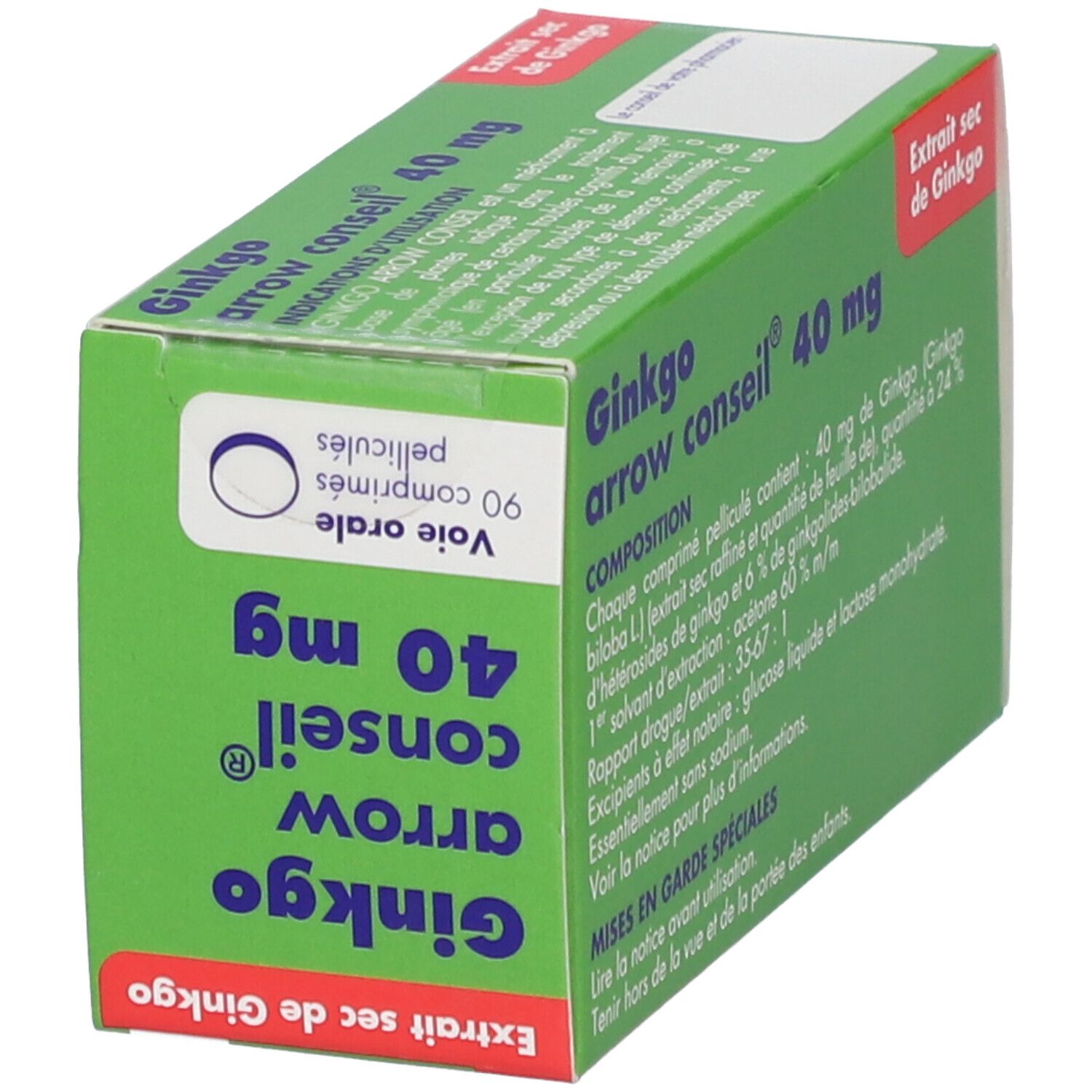 Boîte verte Ginkgo arrow conseil® 40 mg. Texte: Extrait sec de Ginkgo. 90 comprimés. Voie orale. Emballage.