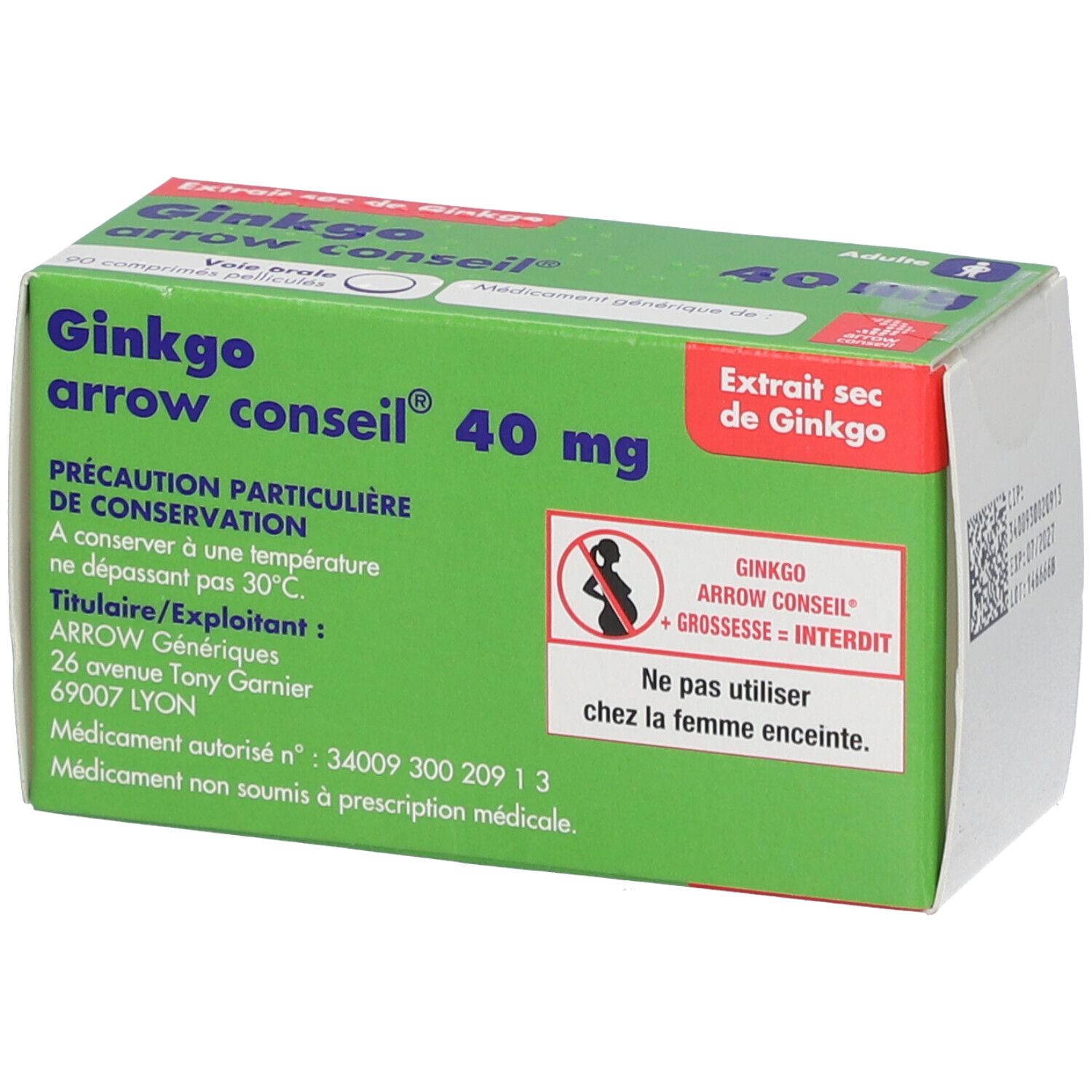 Boîte verte Ginkgo arrow conseil® 40 mg. Texte: Extrait sec de Ginkgo. Avertissement: Ne pas utiliser chez la femme enceinte.