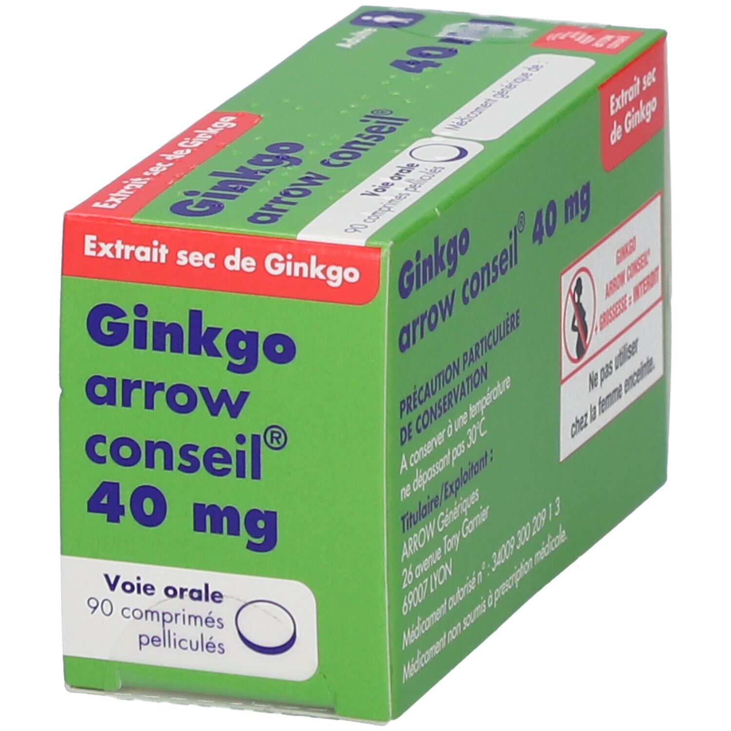 Boîte verte Ginkgo arrow conseil® 40 mg. Texte: Extrait sec de Ginkgo. 90 comprimés. Voie orale. Emballage.