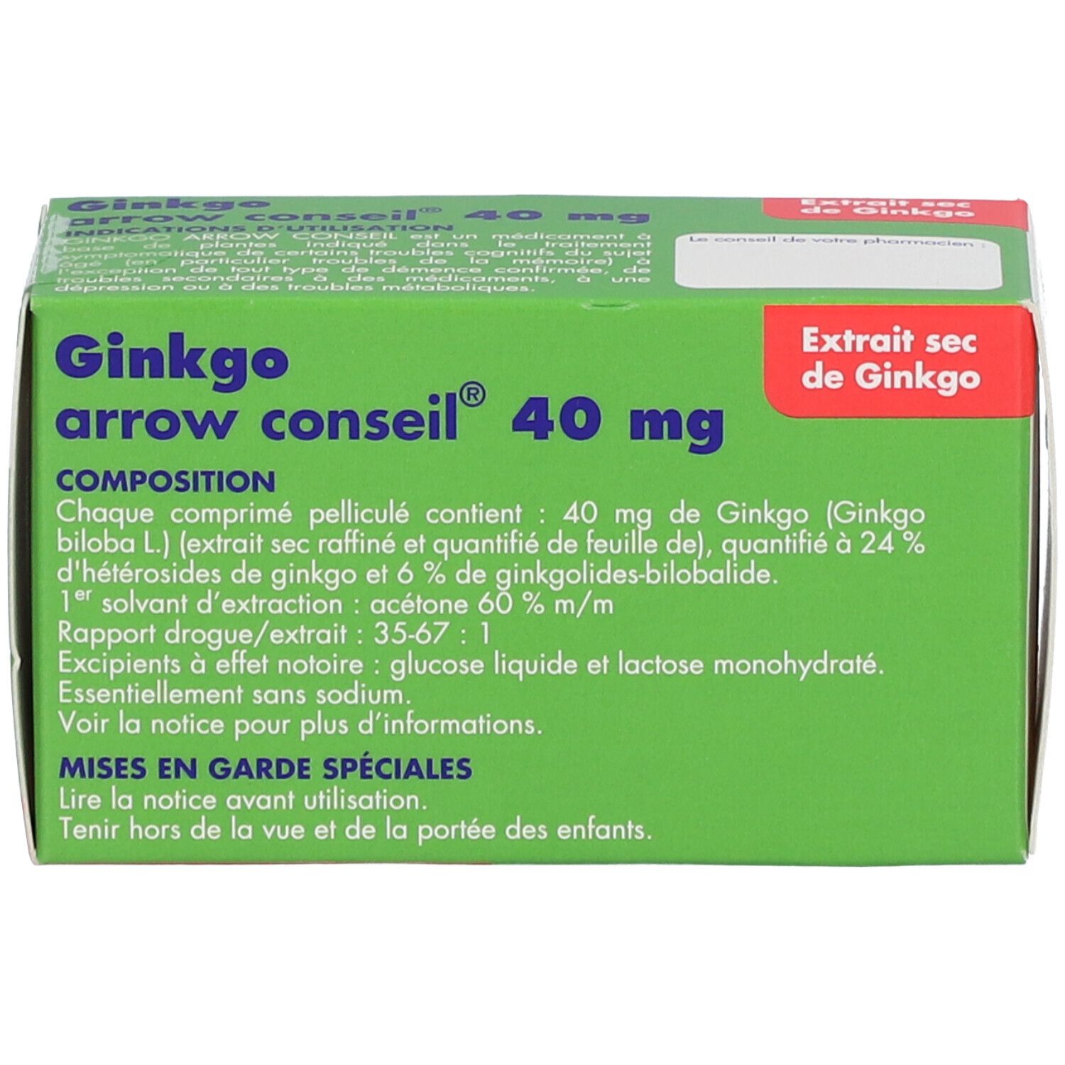 Boîte verte Ginkgo arrow conseil® 40 mg. Texte: Extrait sec de Ginkgo. Composition et mises en garde spéciales.