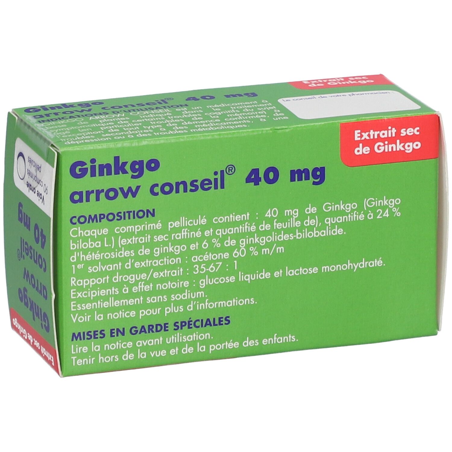 Boîte verte Ginkgo arrow conseil® 40 mg. Texte: Extrait sec de Ginkgo. Composition et mises en garde spéciales.