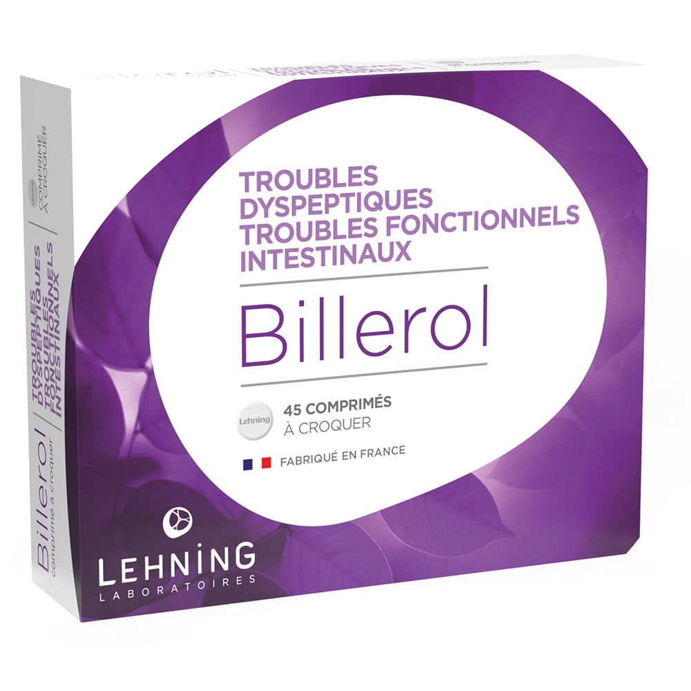 Boîte blanche avec accents violets. Inscription: Billerol, 45 comprimés, Fabriqué en France. Marque: Lehning.