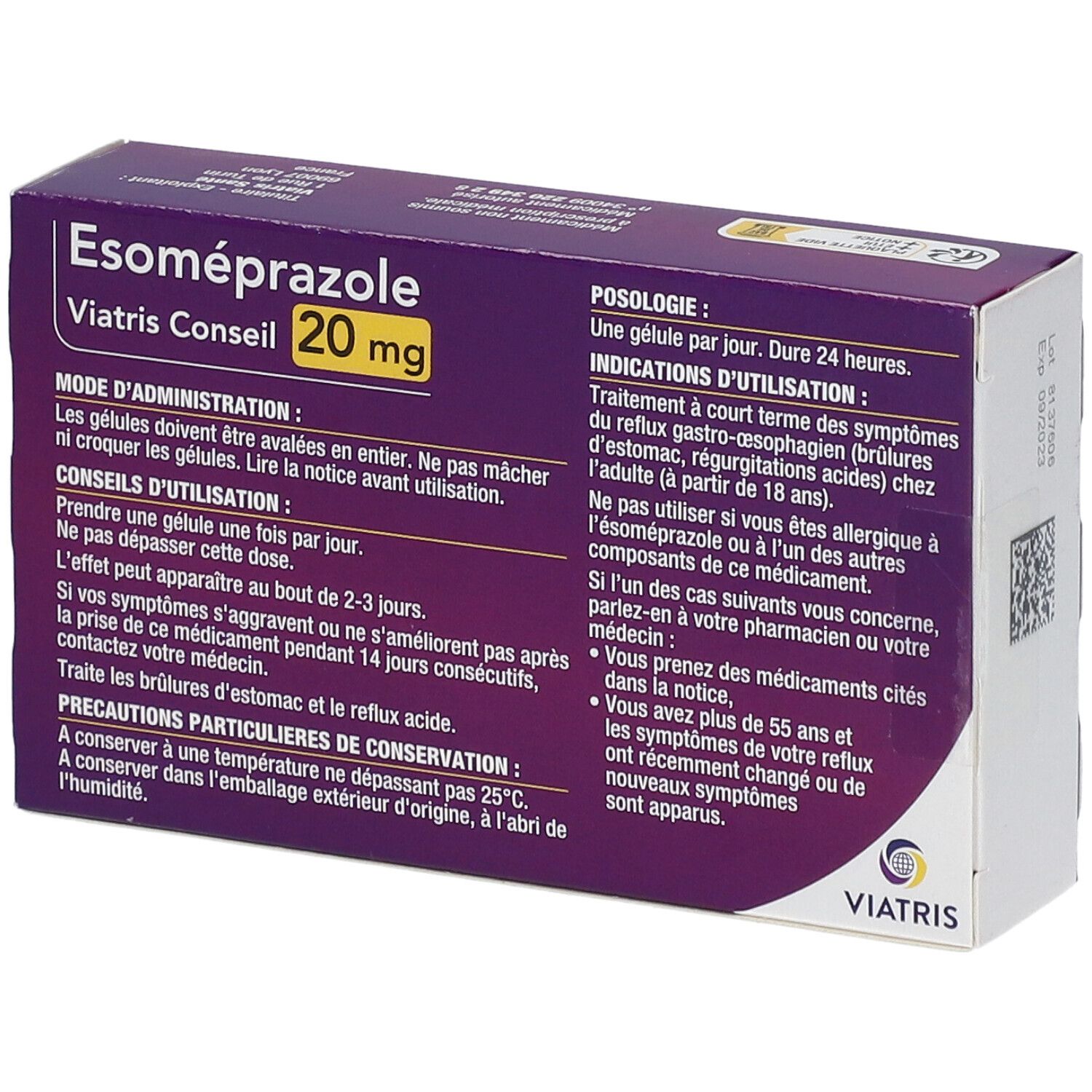 Dos de la boîte Esoméprazole Mylan Conseil 20 mg. Informations textuelles, posologie, instructions et précautions.