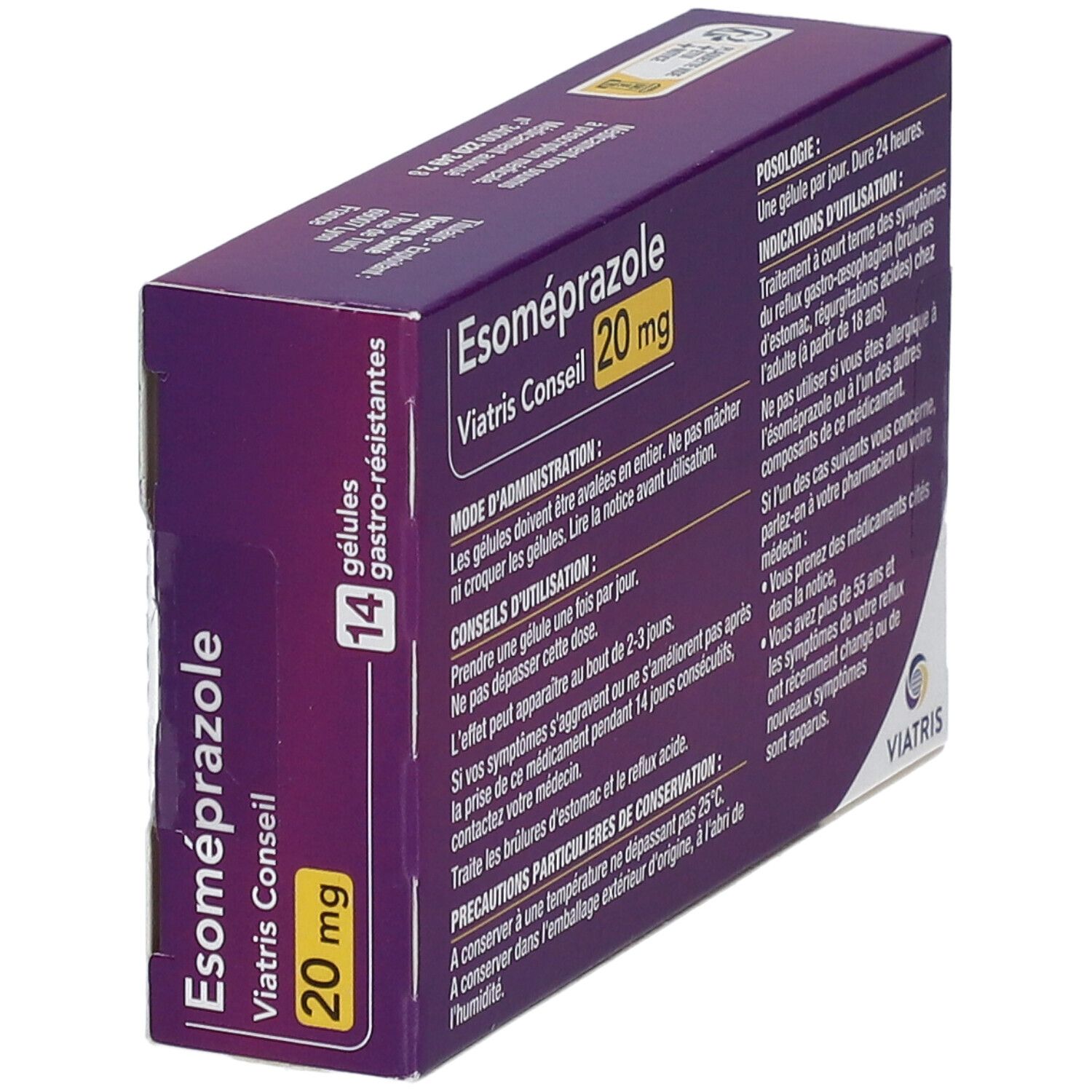 Boîte Esoméprazole Mylan Conseil 20 mg. Design violet et blanc. 14 gélules. Informations textuelles et logo Viatris.