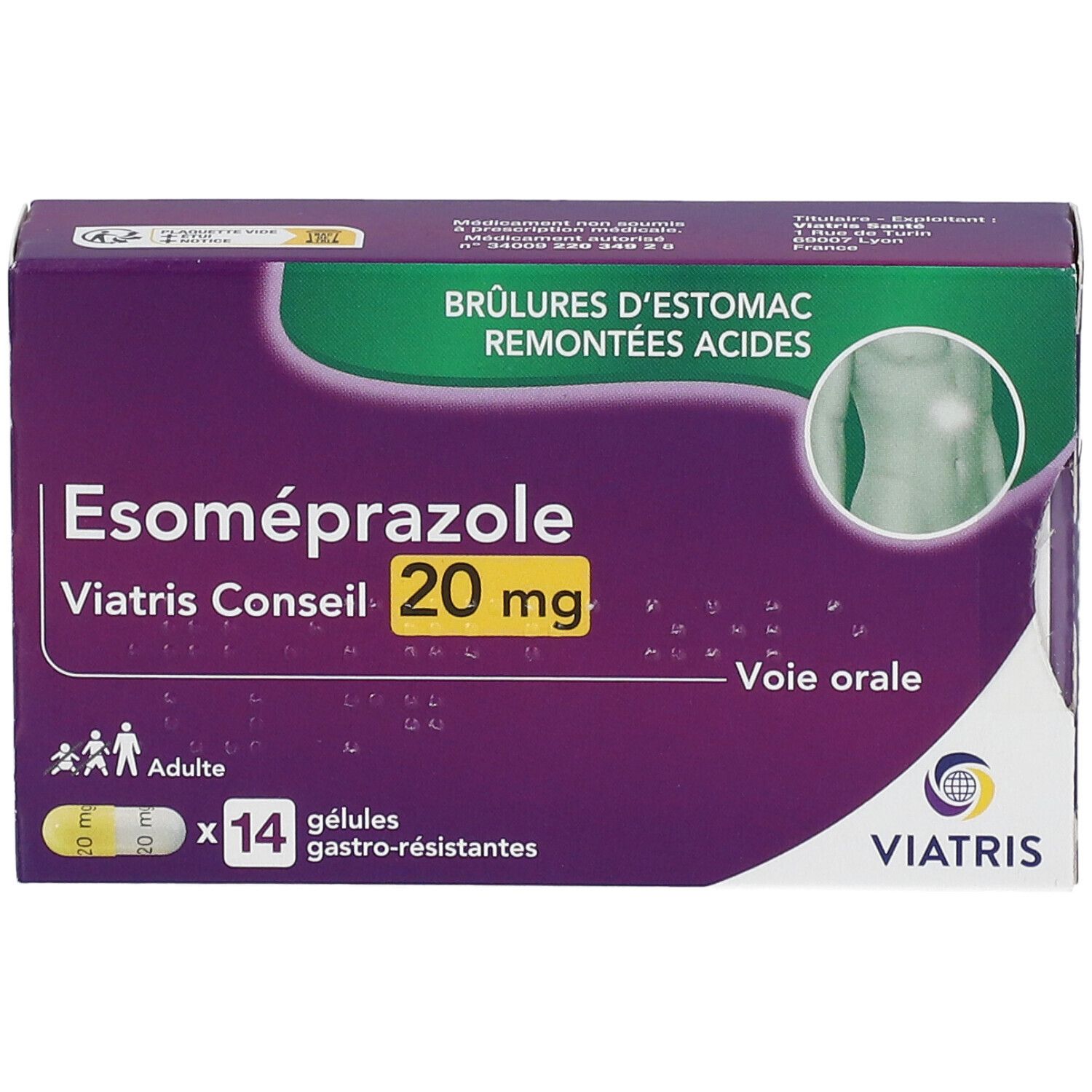 Boîte Esoméprazole Mylan Conseil 20 mg. Design violet et blanc. 14 gélules. Logo Viatris. Illustration du corps humain.