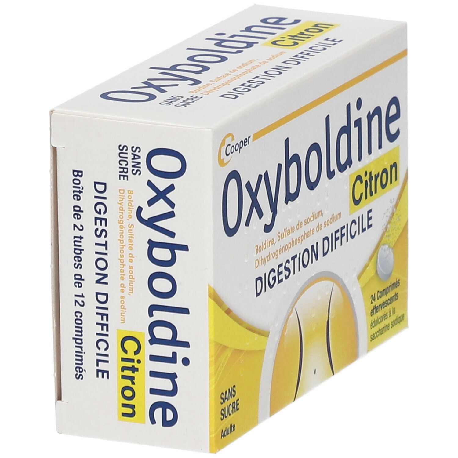 Boîte d'Oxyboldine Citron en biais. Nom du produit, ingrédients et 24 comprimés effervescents.