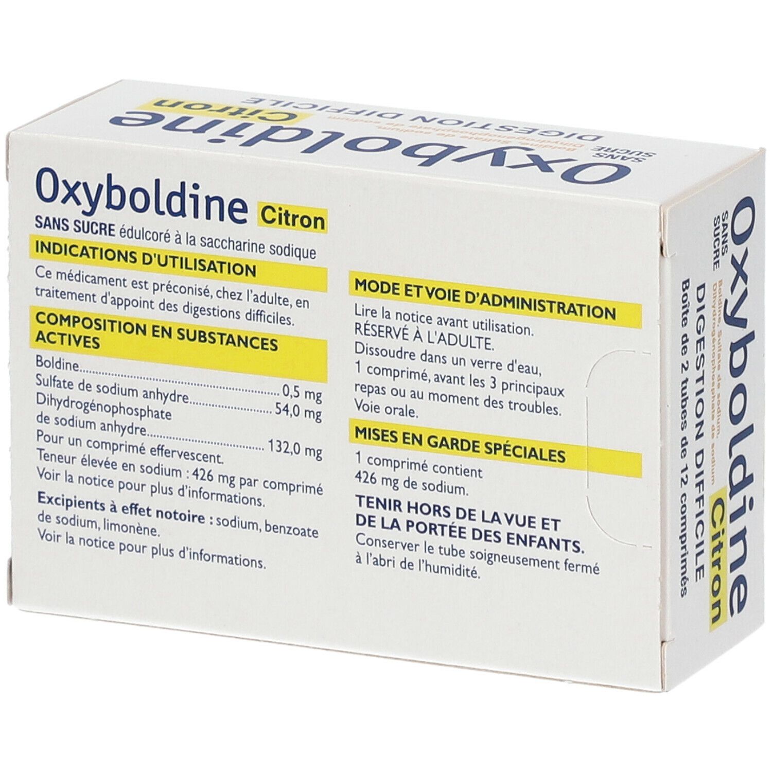 Dos de la boîte Oxyboldine Citron. Ingrédients, instructions d'utilisation et avertissements.