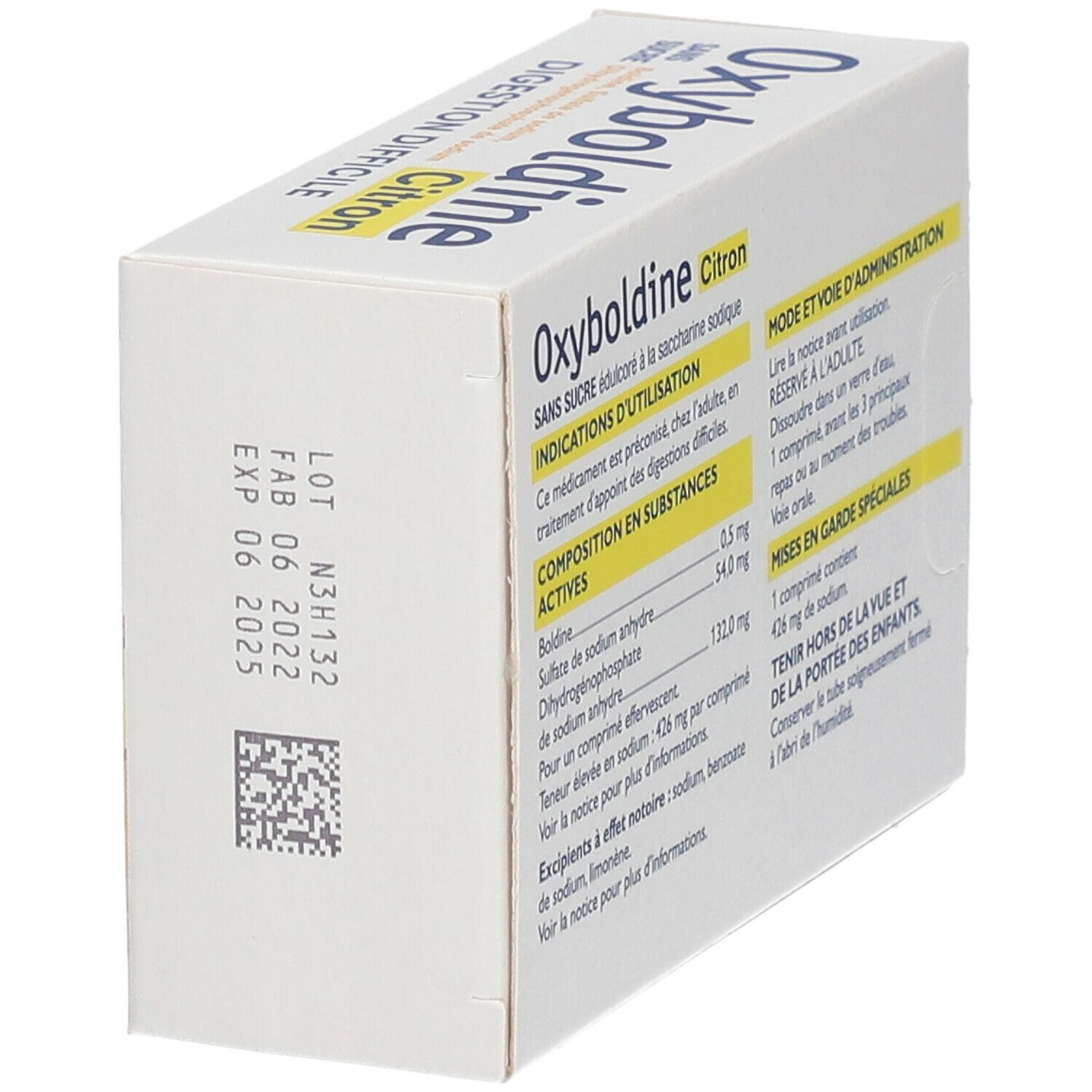 Dos de la boîte Oxyboldine Citron. Ingrédients, instructions d'utilisation et avertissements.
