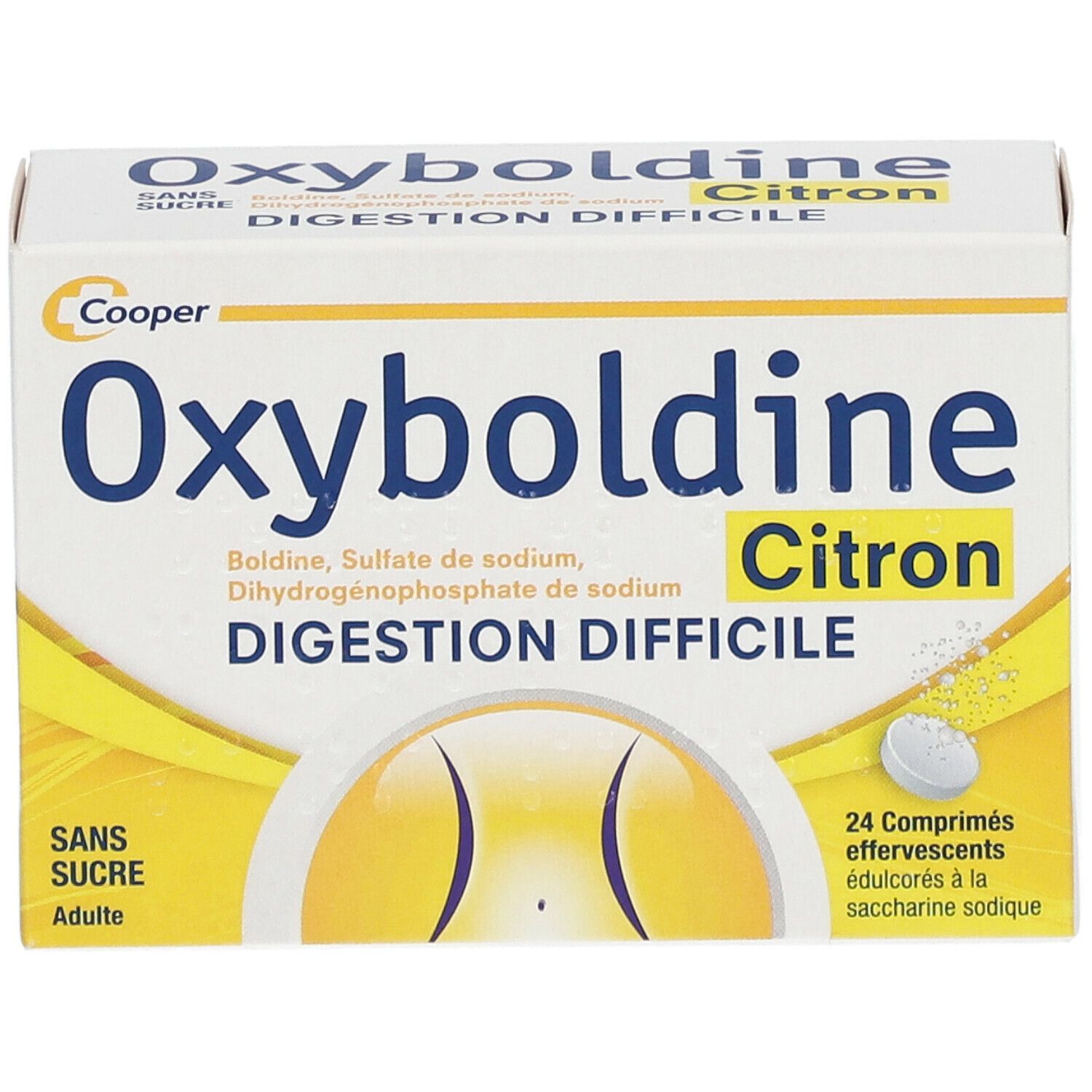 Boîte d'Oxyboldine Citron. Nom du produit, ingrédients et 24 comprimés effervescents.