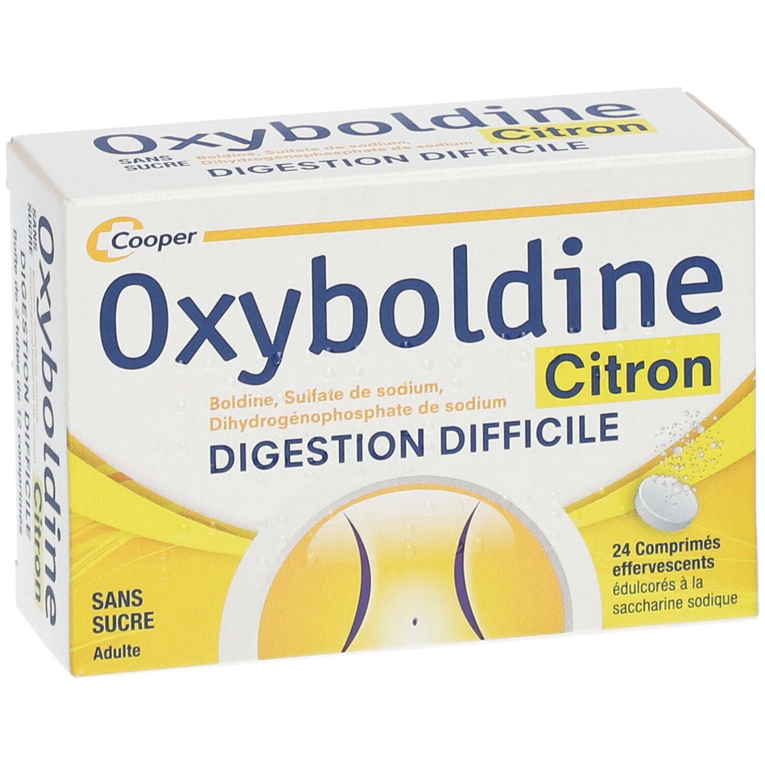 Boîte d'Oxyboldine Citron. Nom du produit, ingrédients et 24 comprimés effervescents.