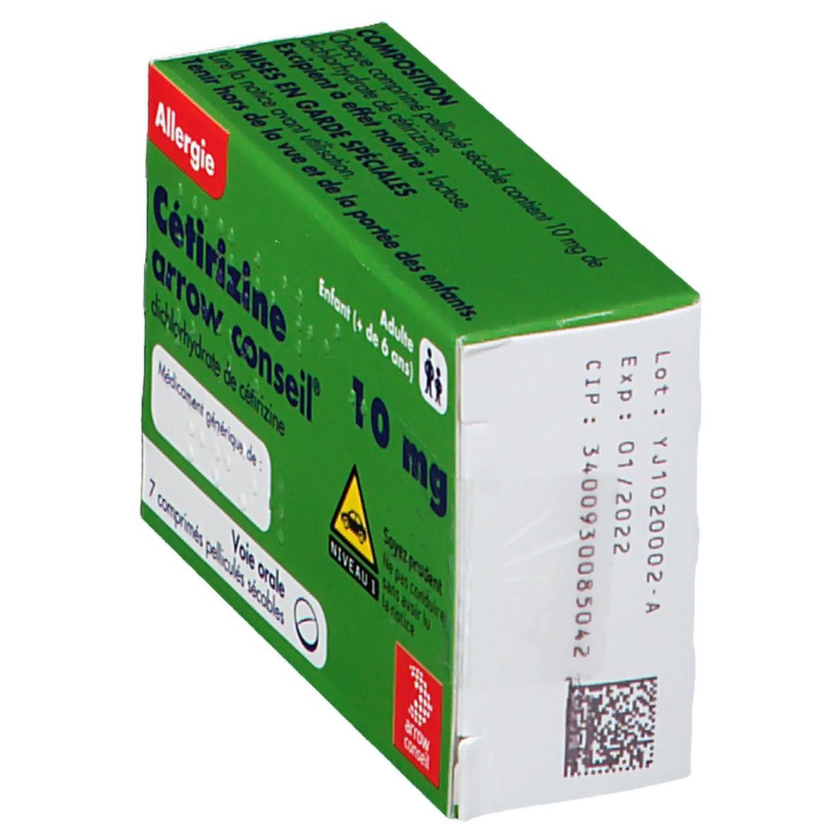 Boîte verte Cétirizine Arrow Conseil 10 mg. Inscription: Allergie. Dos avec numéro de lot et date d'expiration.