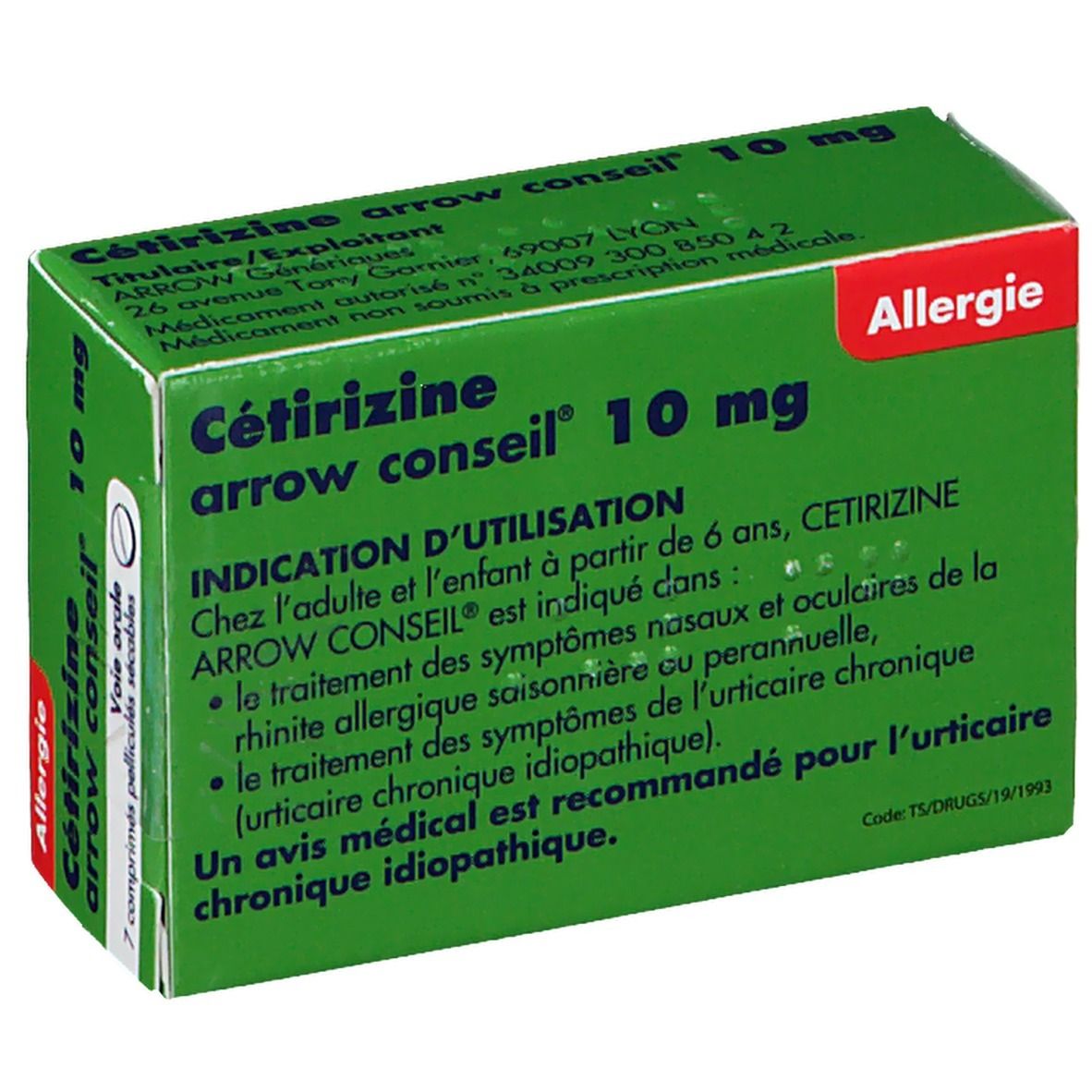 Boîte verte Cétirizine Arrow Conseil 10 mg. Inscription: Allergie. Mode d'emploi sur l'emballage.