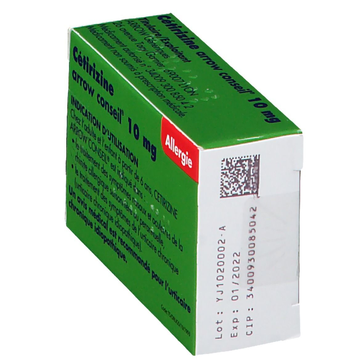 Boîte verte Cétirizine Arrow Conseil 10 mg. Inscription: Allergie. Dos avec numéro de lot et date d'expiration.