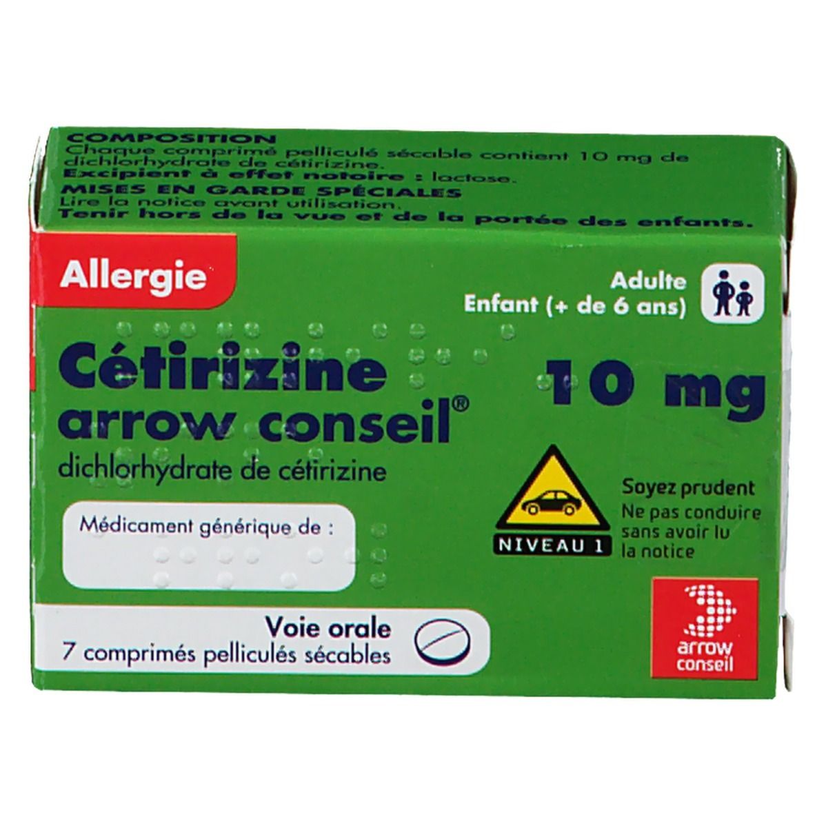 Boîte verte Cétirizine Arrow Conseil 10 mg. Inscription: Allergie, 7 comprimés. Avertissement: Ne pas conduire.