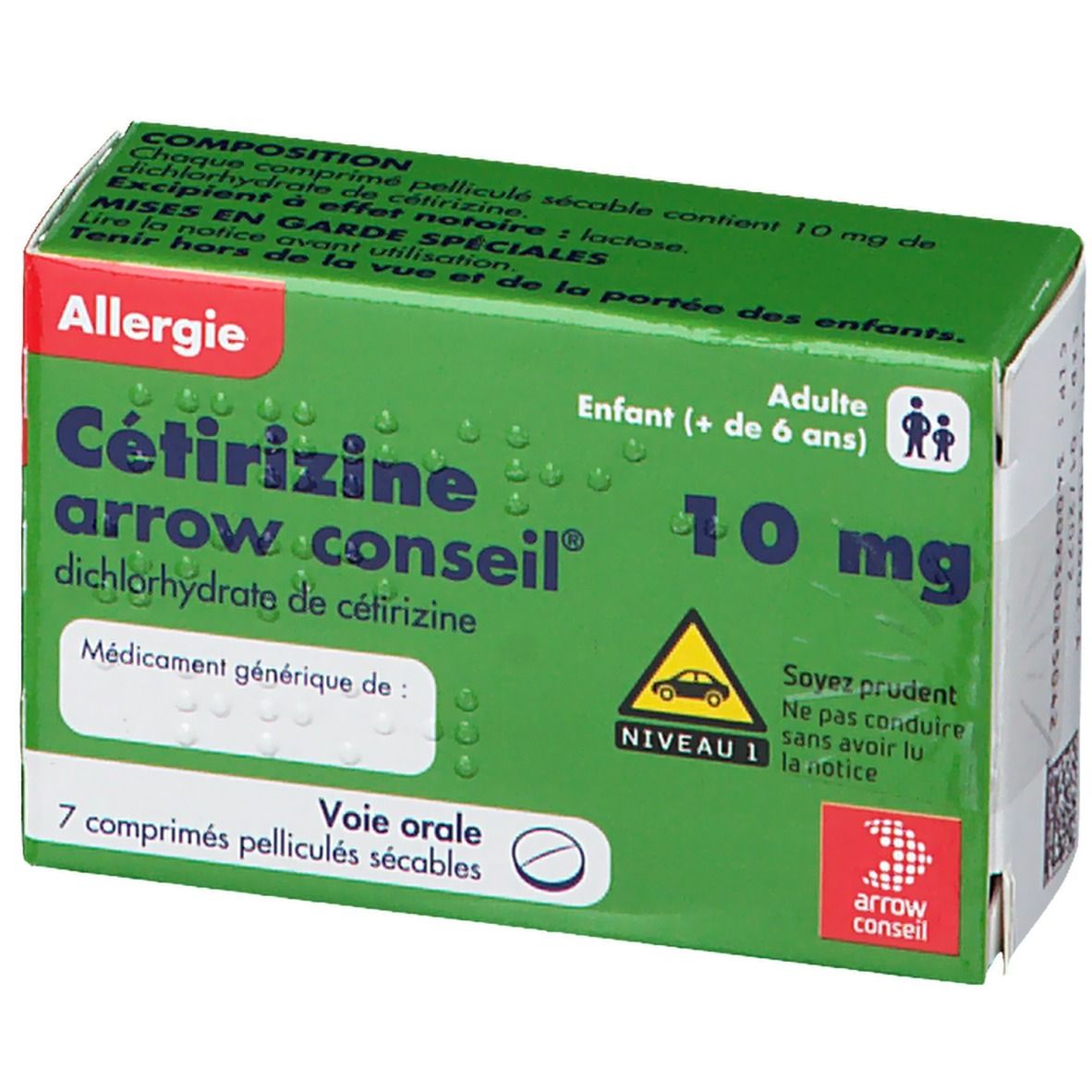 Boîte verte Cétirizine Arrow Conseil 10 mg. Inscription: Allergie, 7 comprimés. Avertissement: Ne pas conduire.