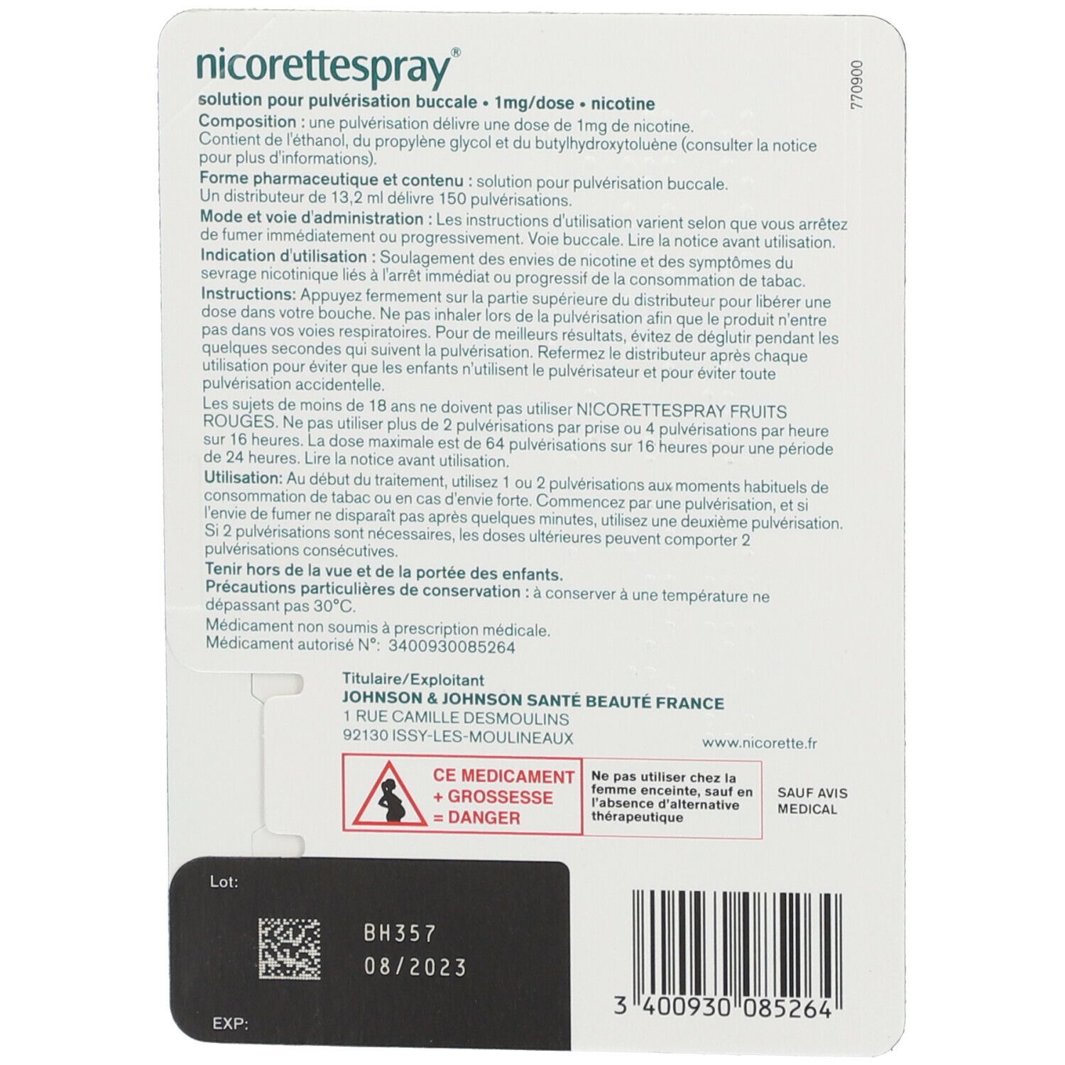 Emballage de Nicorettespray. Texte lisible. Contient un avertissement pour les femmes enceintes.