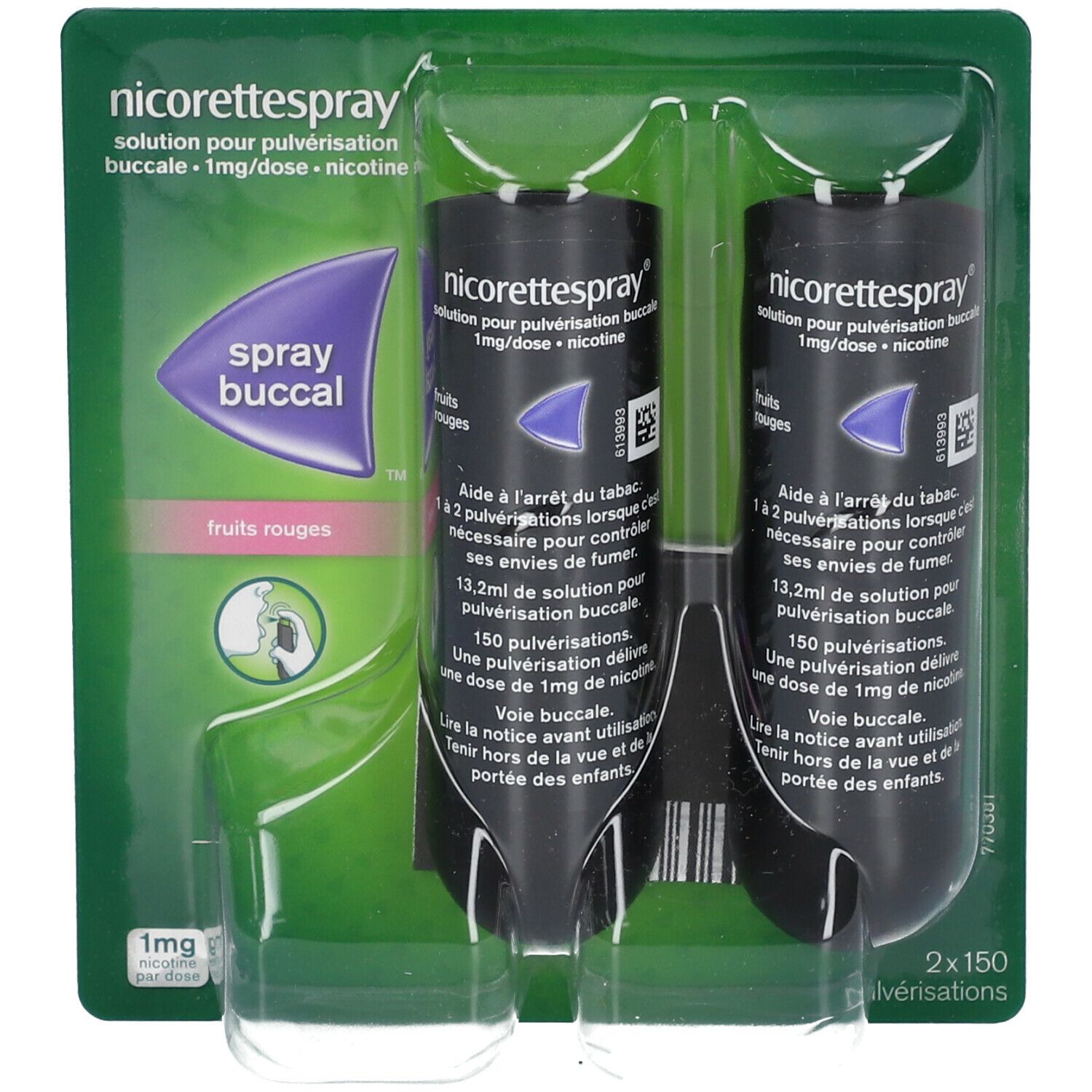 Deux flacons de spray dans un blister transparent. Inscription: nicorettespray, Spray buccal, 1mg/dose. Fruit rouge.