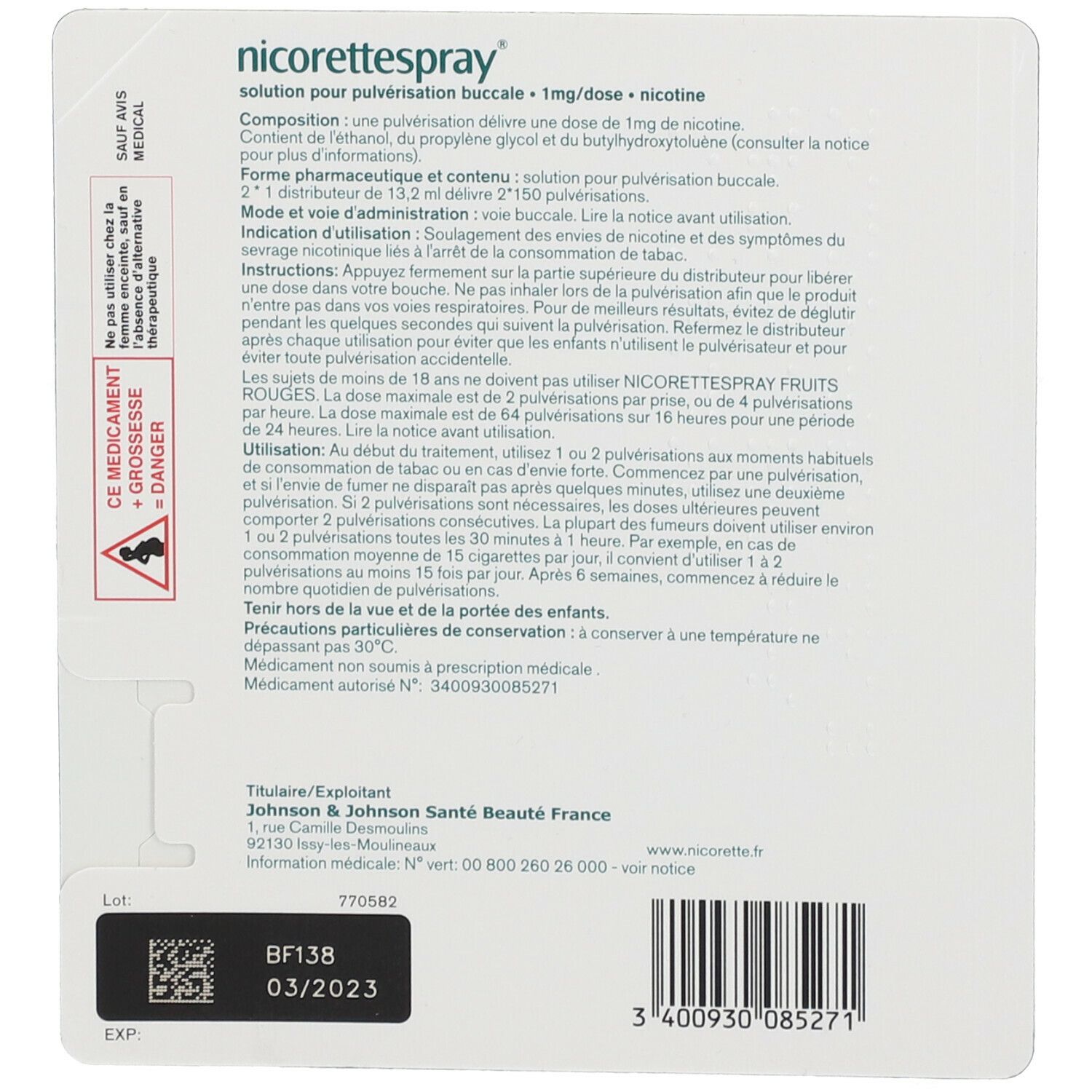 Dos de l'emballage avec texte. Inscription: nicorettespray, 1mg/dose. Contient des informations sur les ingrédients et l'utilisation.