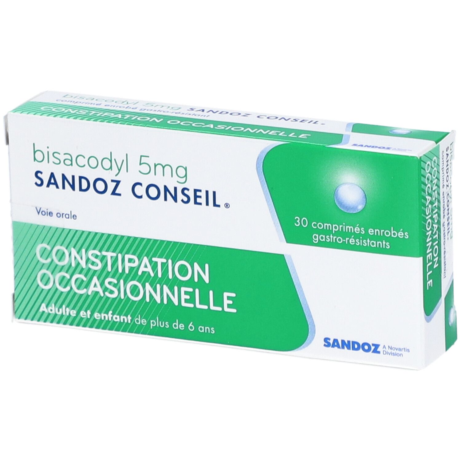 Boîte de Sandoz Conseil Bisacodyl 5 mg comprimés. Design vert et blanc, nom du produit et texte.