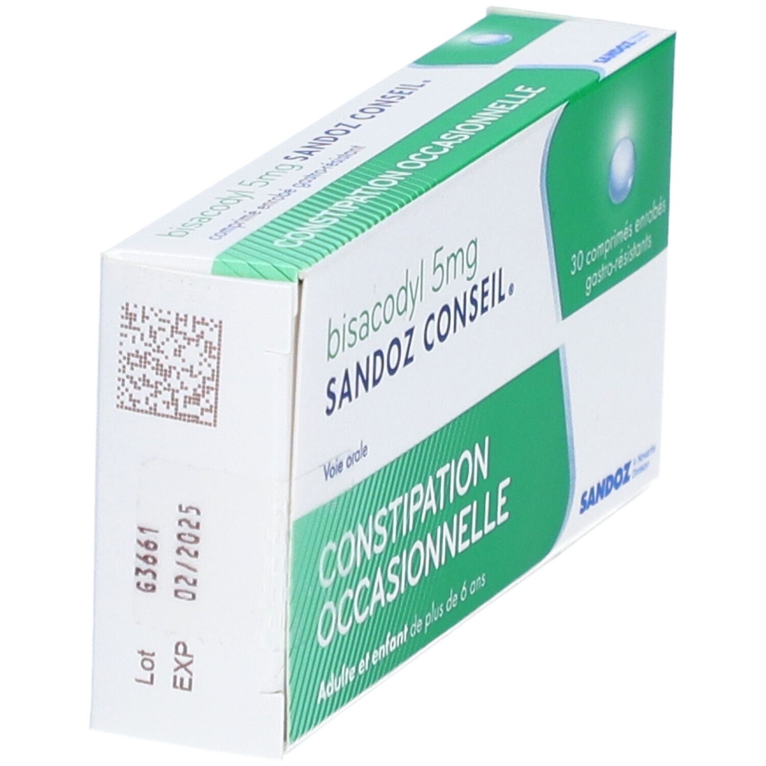 Boîte Sandoz Conseil Bisacodyl 5 mg. Vue latérale, design vert et blanc, texte et code-barres.