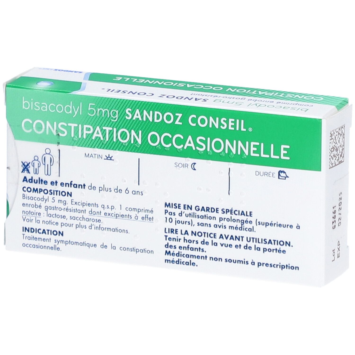 Boîte Sandoz Conseil Bisacodyl 5 mg. Dos avec texte, design vert et blanc, texte et pictogrammes.