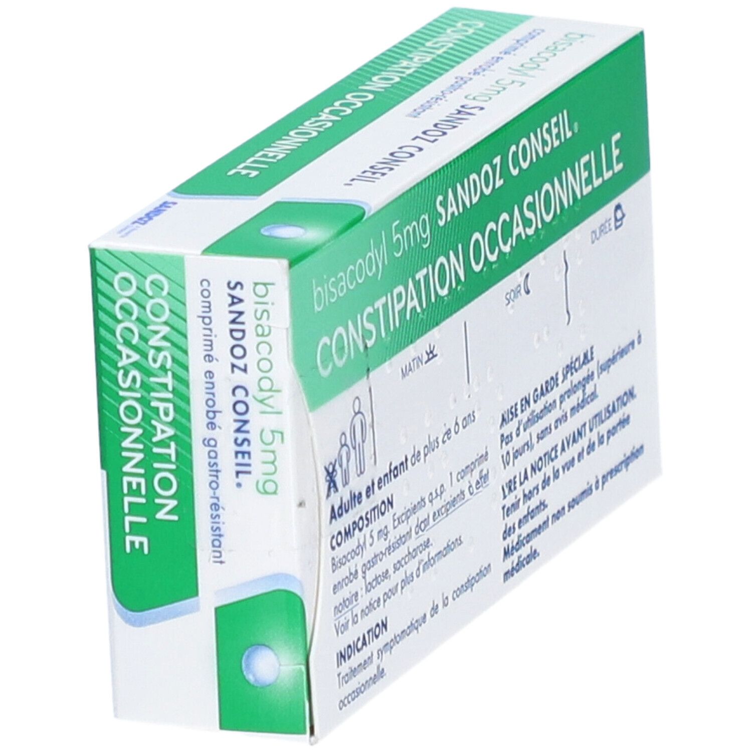 Boîte Sandoz Conseil Bisacodyl 5 mg. Vue oblique, design vert et blanc, texte et pictogrammes.